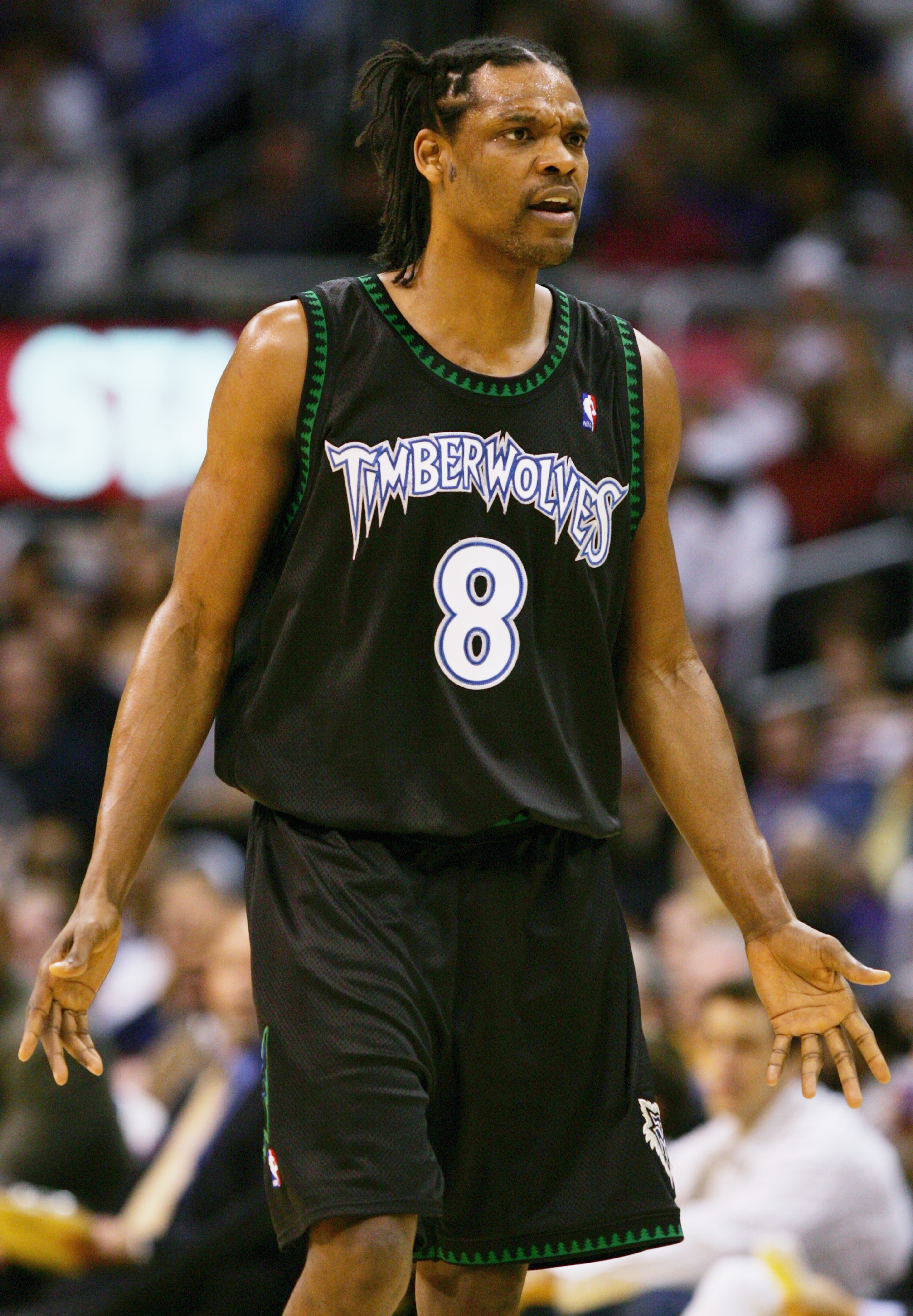LOS ANGELES - MARCH 31: Latrell Sprewell #8 of the Minnesota Timberwolves looks on during a break in action against the Los Angeles Lakers on March 31, 2005 at Staples Center in Los Angeles, California. NOTE TO USER: User expressly acknowledges and agree LOS ANGELES - MARCH 31: Latrell Sprewell #8 of the Minnesota Timberwolves looks on during a break in action against the Los Angeles Lakers on March 31, 2005 at Staples Center in Los Angeles, California. NOTE TO USER: User expressly acknowledges and agree