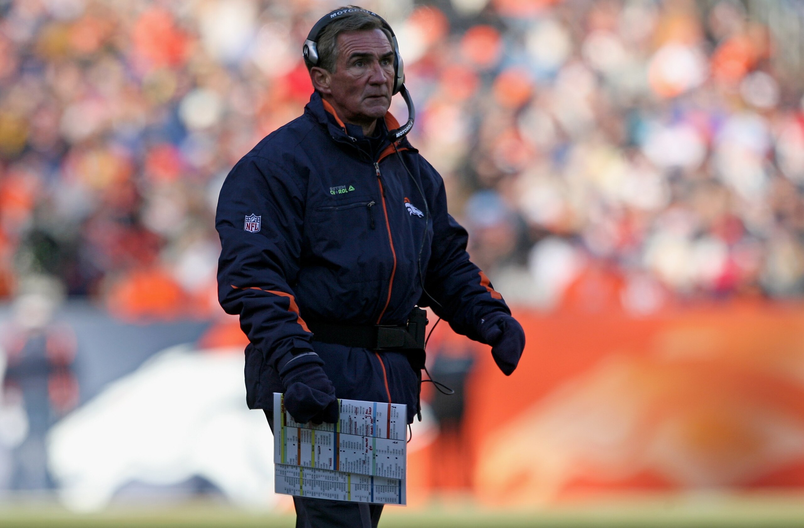 DENVER - DECEMBER 21:  Head coach Mike Shanahan of the Denver Broncos leads his team against the Buffalo Bills at Invesco Field at Mile High on December 21, 2008 in Denver, Colorado. The Bills defeated the Broncos 30-23.  (Photo by Doug Pensinger/Getty Im