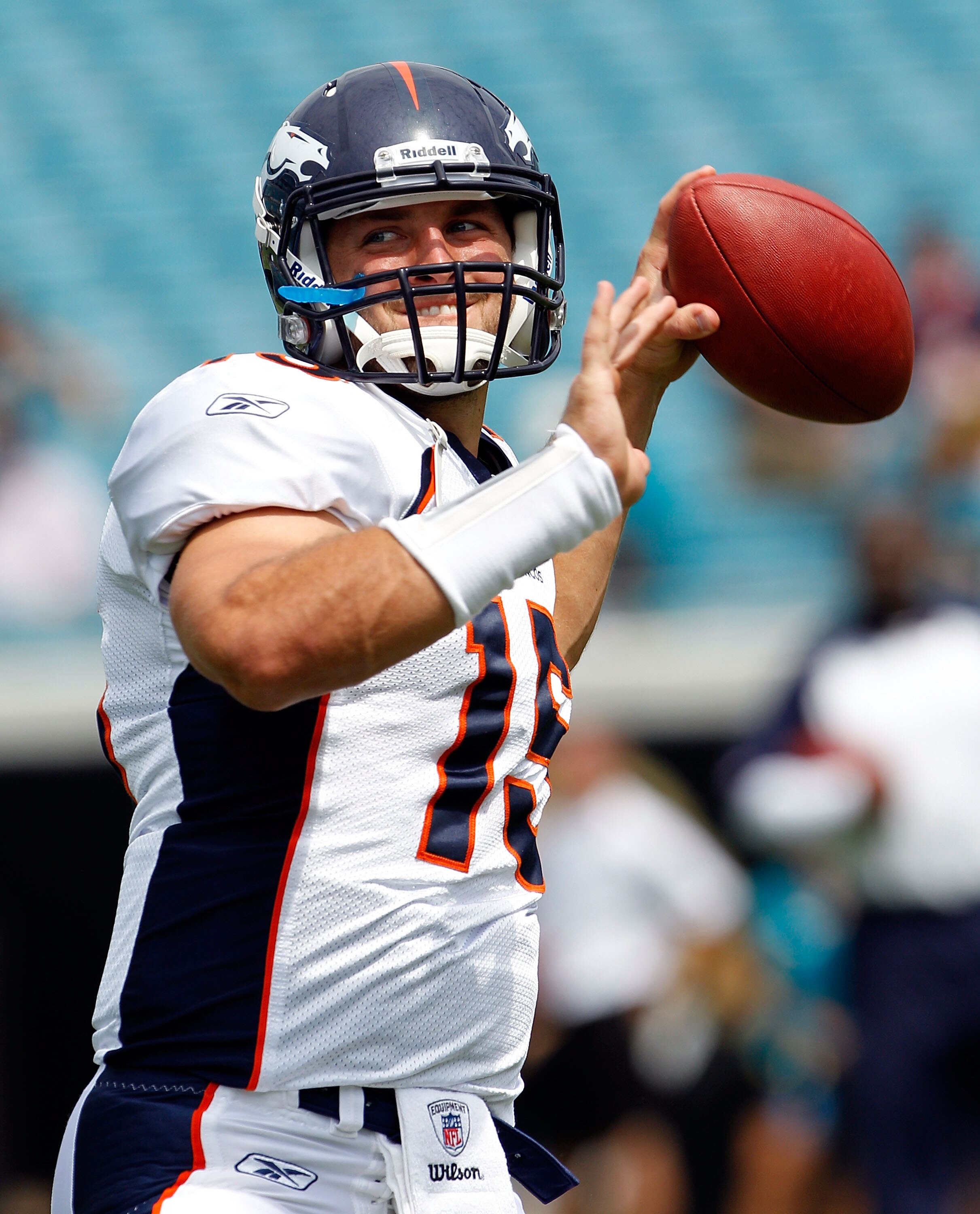 JACKSONVILLE, FL - SEPTEMBER 12:  Quarterback Tim Tebow #15 of the Denver Broncos practices prior to the NFL season opener game against the Jacksonville Jaguars at EverBank Field on September 12, 2010 in Jacksonville, Florida.  (Photo by Sam Greenwood/Get