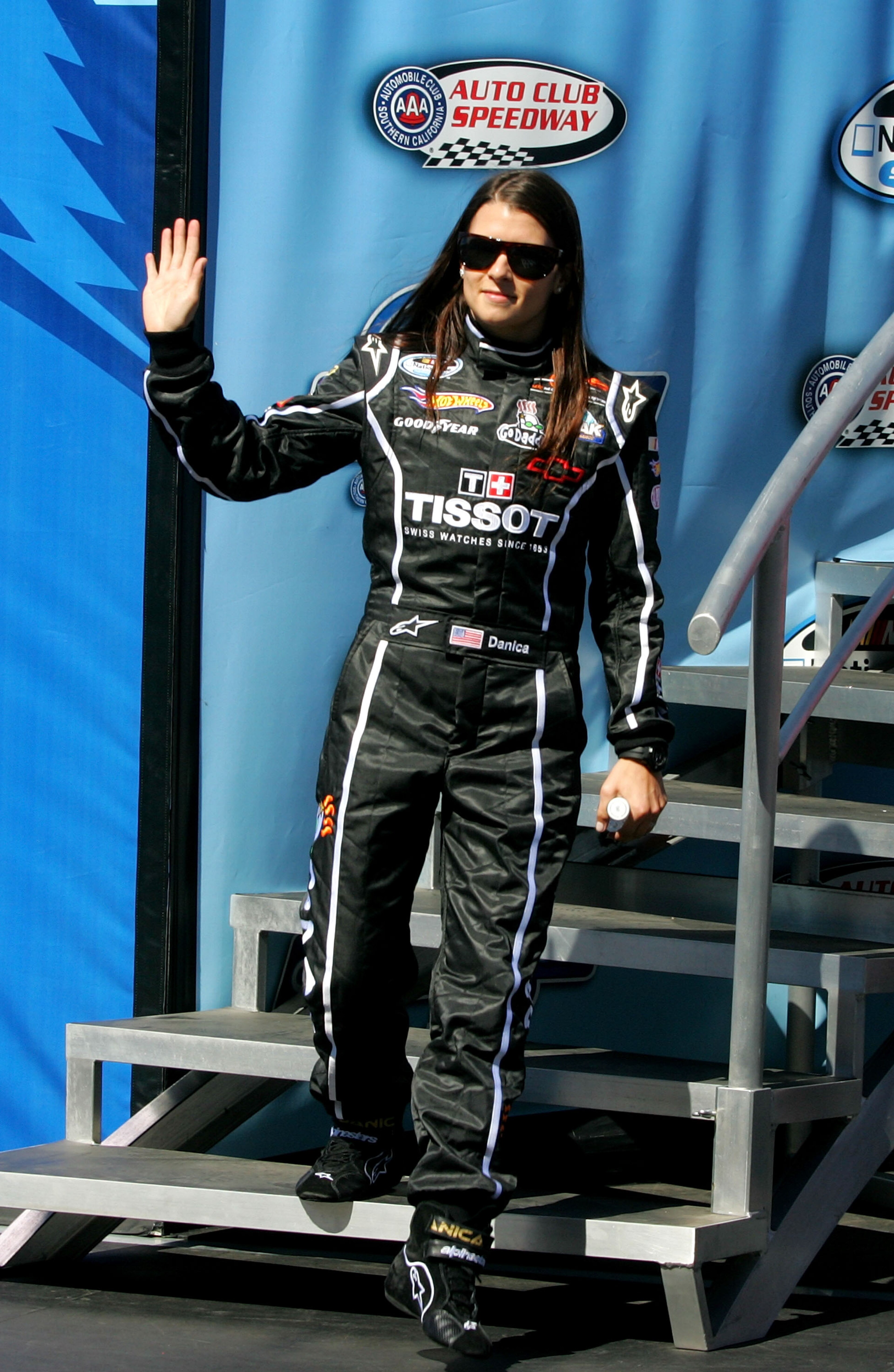 FONTANA, CA - OCTOBER 09: Danica Patrick, driver of the #7 Tissot/GoDaddy.com Chevrolet waves during driver introductions for the NASCAR Nationwide Series CampingWorld.com 300 on October 9, 2010 in Fontana, California. (Photo by Jerry Markland/Getty Imag FONTANA, CA - OCTOBER 09: Danica Patrick, driver of the #7 Tissot/GoDaddy.com Chevrolet waves during driver introductions for the NASCAR Nationwide Series CampingWorld.com 300 on October 9, 2010 in Fontana, California. (Photo by Jerry Markland/Getty Imag