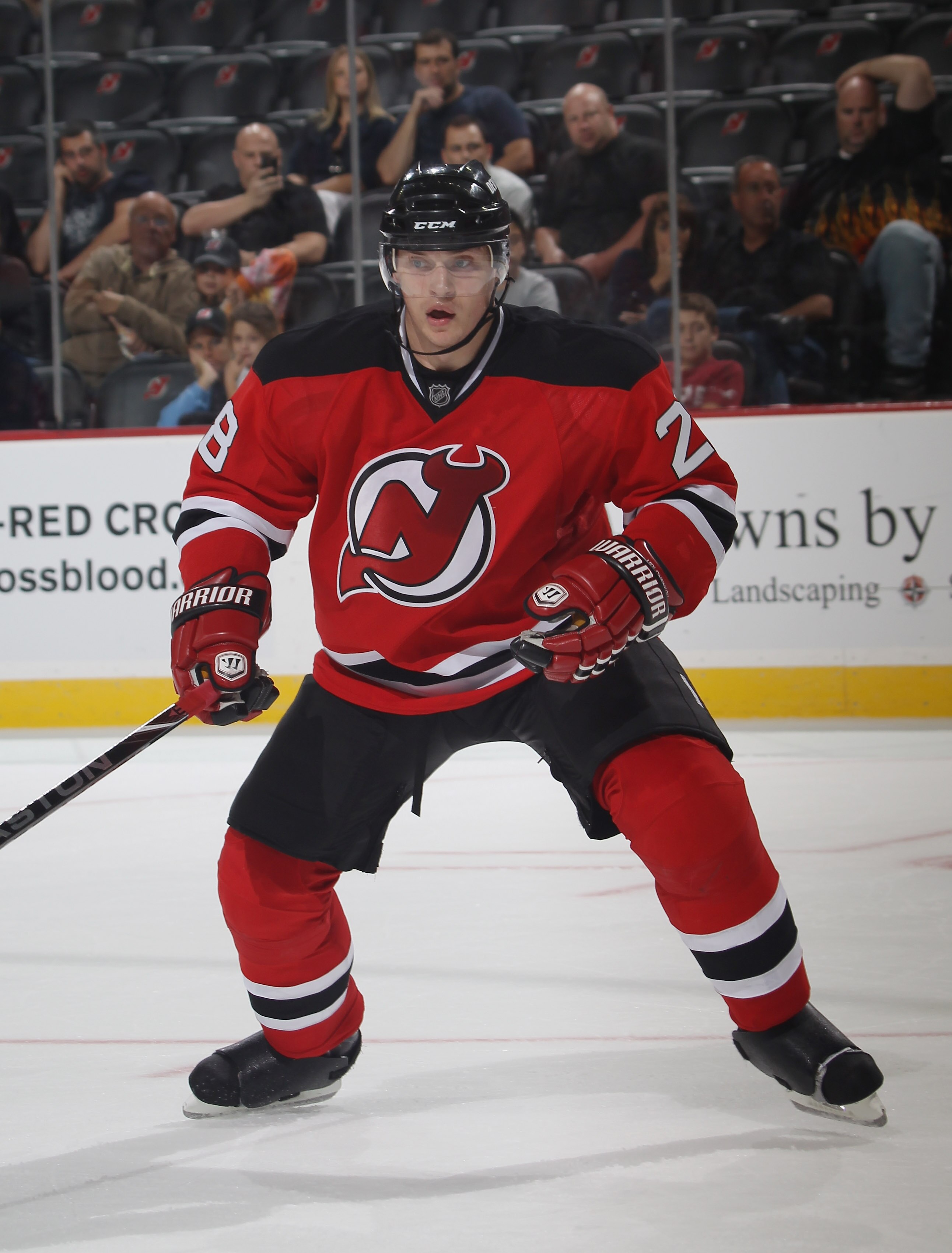 NEWARK, NJ - SEPTEMBER 28:  Anton Volchenkov #28 of the New Jersey Devils skates against the Philadelphia Flyers at the Prudential Center on September 28, 2010 in Newark, New Jersey.  (Photo by Bruce Bennett/Getty Images)