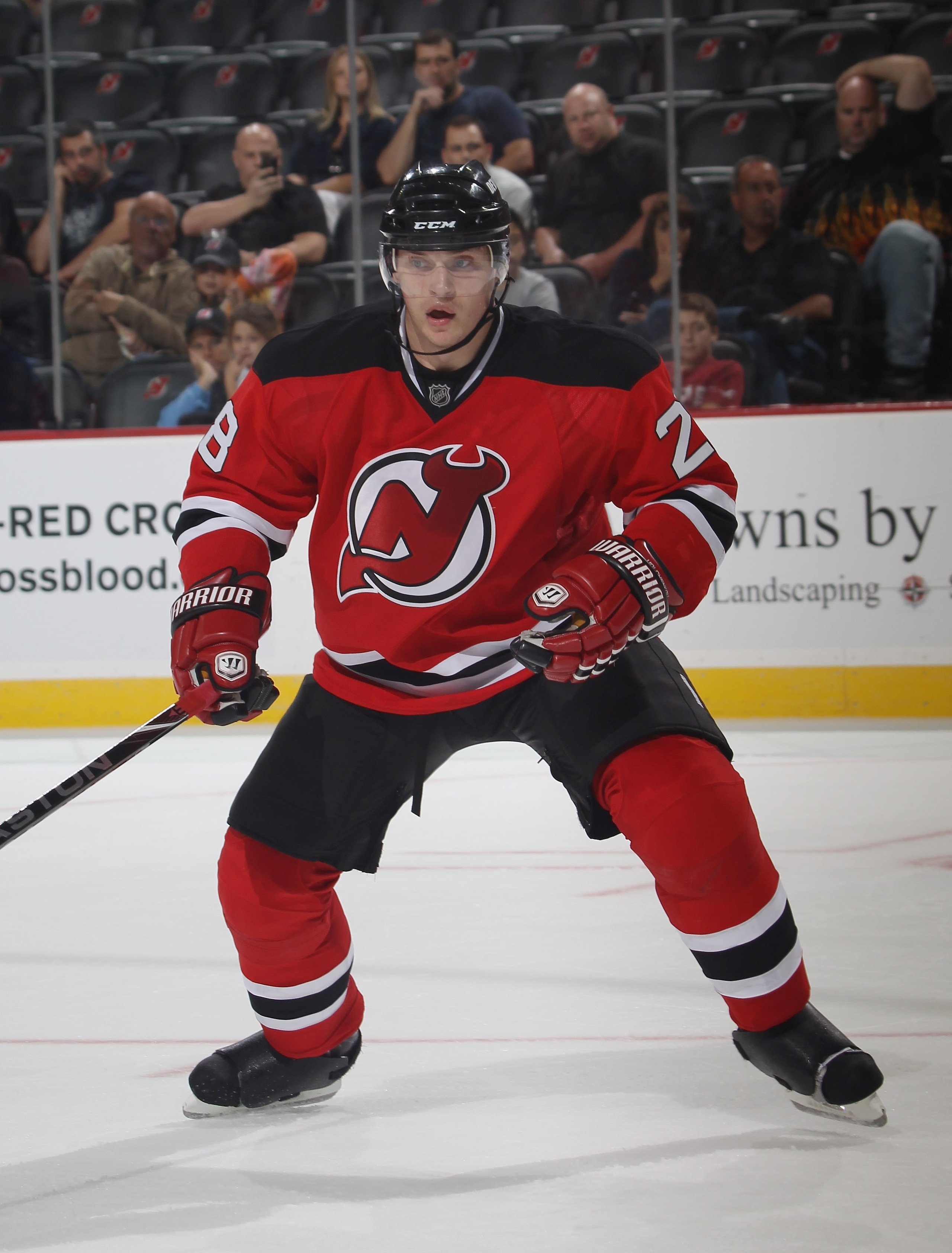NEWARK, NJ - SEPTEMBER 28:  Anton Volchenkov #28 of the New Jersey Devils skates against the Philadelphia Flyers at the Prudential Center on September 28, 2010 in Newark, New Jersey.  (Photo by Bruce Bennett/Getty Images)