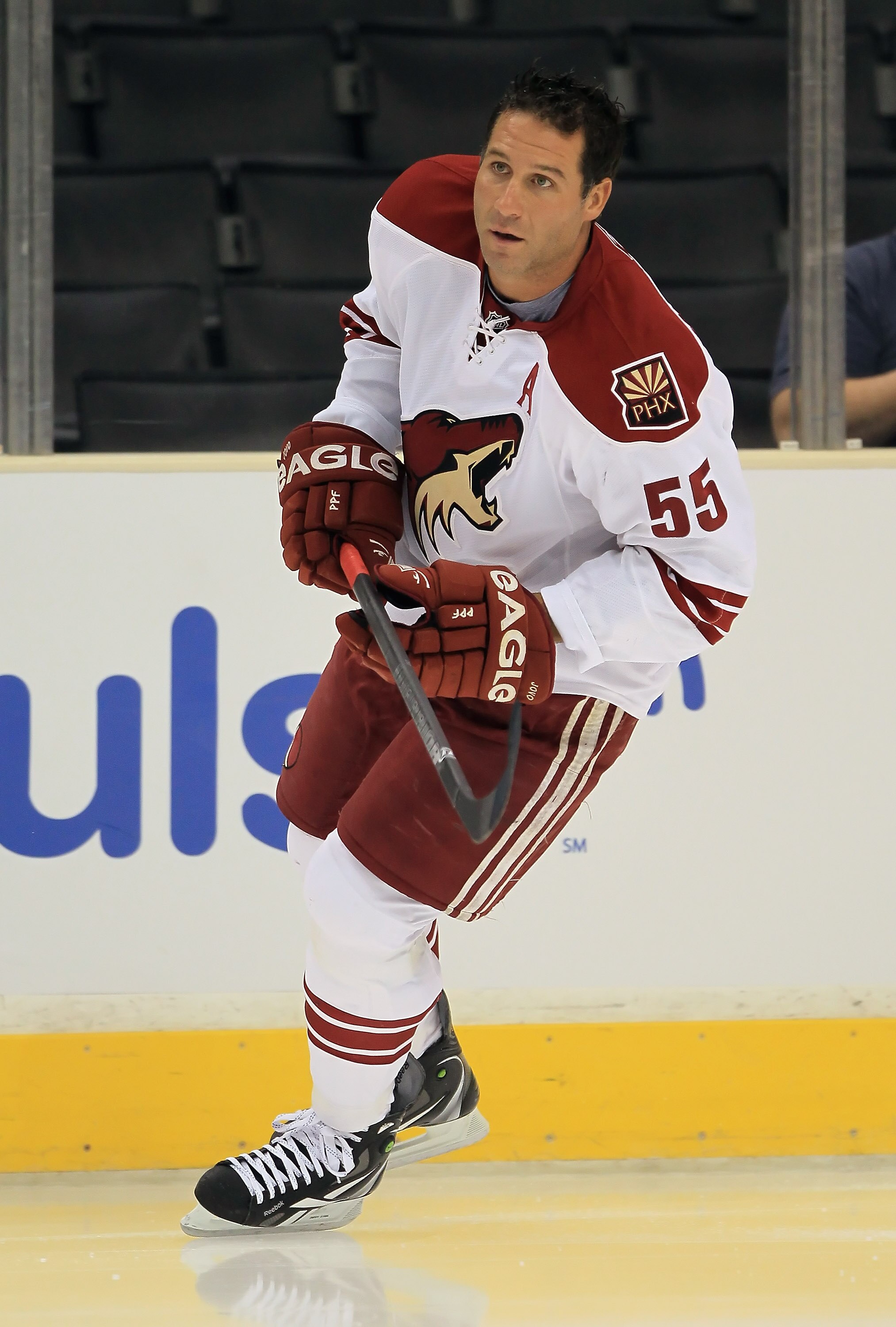 LOS ANGELES, CA - SEPTEMBER 23:  Ed Jovanovski #55 of the Phoenix Coyotes skates prior to the start of the game against the Los Angeles Kings at Staples Center on September 23, 2010 in Los Angeles, California. The Coyotes defeated the Kings 3-1.  (Photo b