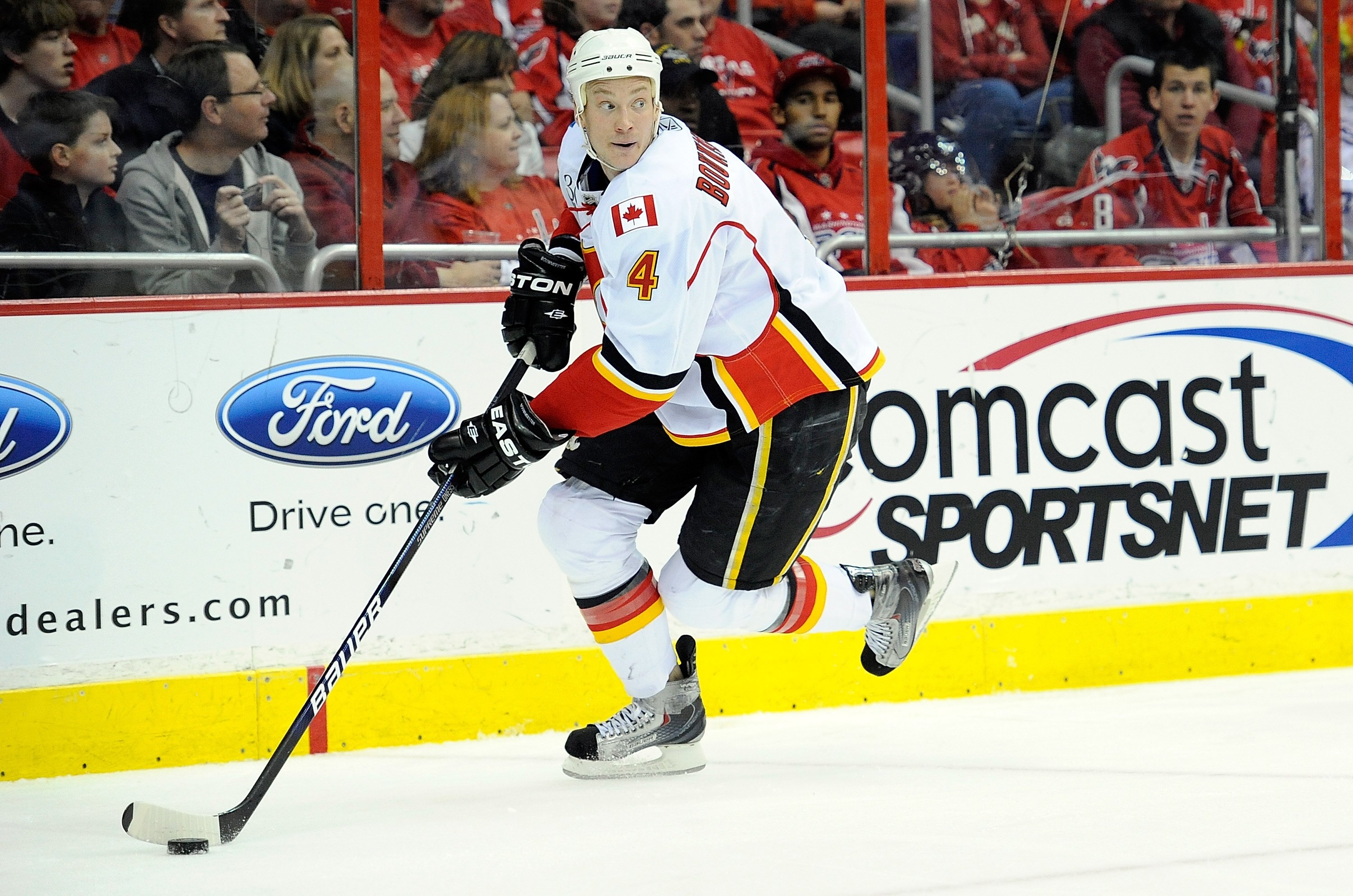 WASHINGTON - MARCH 28:  Jay Bouwmeester #4 of the Calgary Flames handles the puck against the Washington Capitals at the Verizon Center on March 28, 2010 in Washington, DC.  (Photo by Greg Fiume/Getty Images)