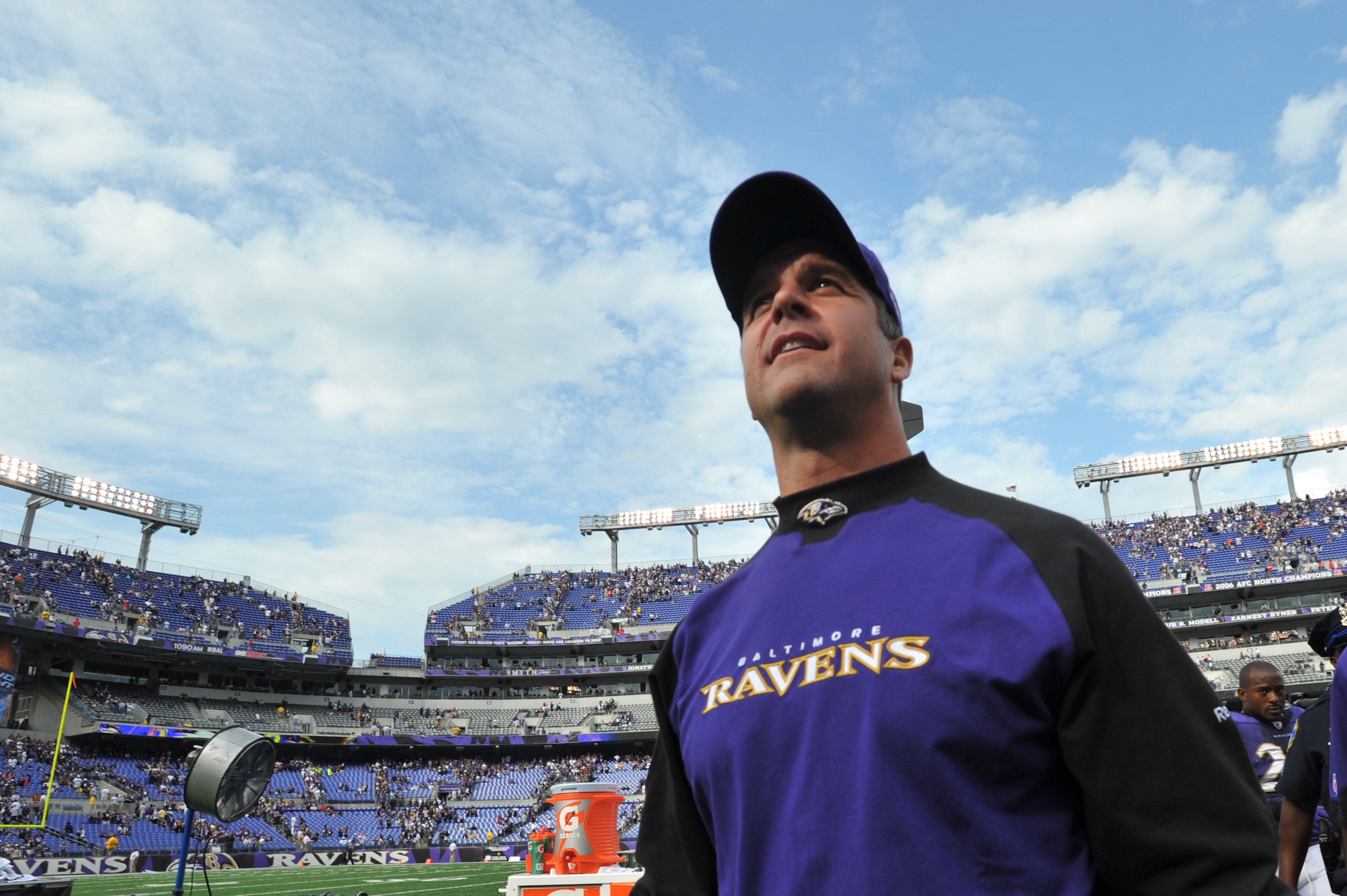 BALTIMORE - SEPTEMBER 26:  Head coach John Harbaugh of the Baltimore Ravens walks off the field after the game against the Cleveland Browns  at M&T Bank Stadium on September 26, 2010 in Baltimore, Maryland. The Ravens defeated the Browns 24-17. (Photo by 