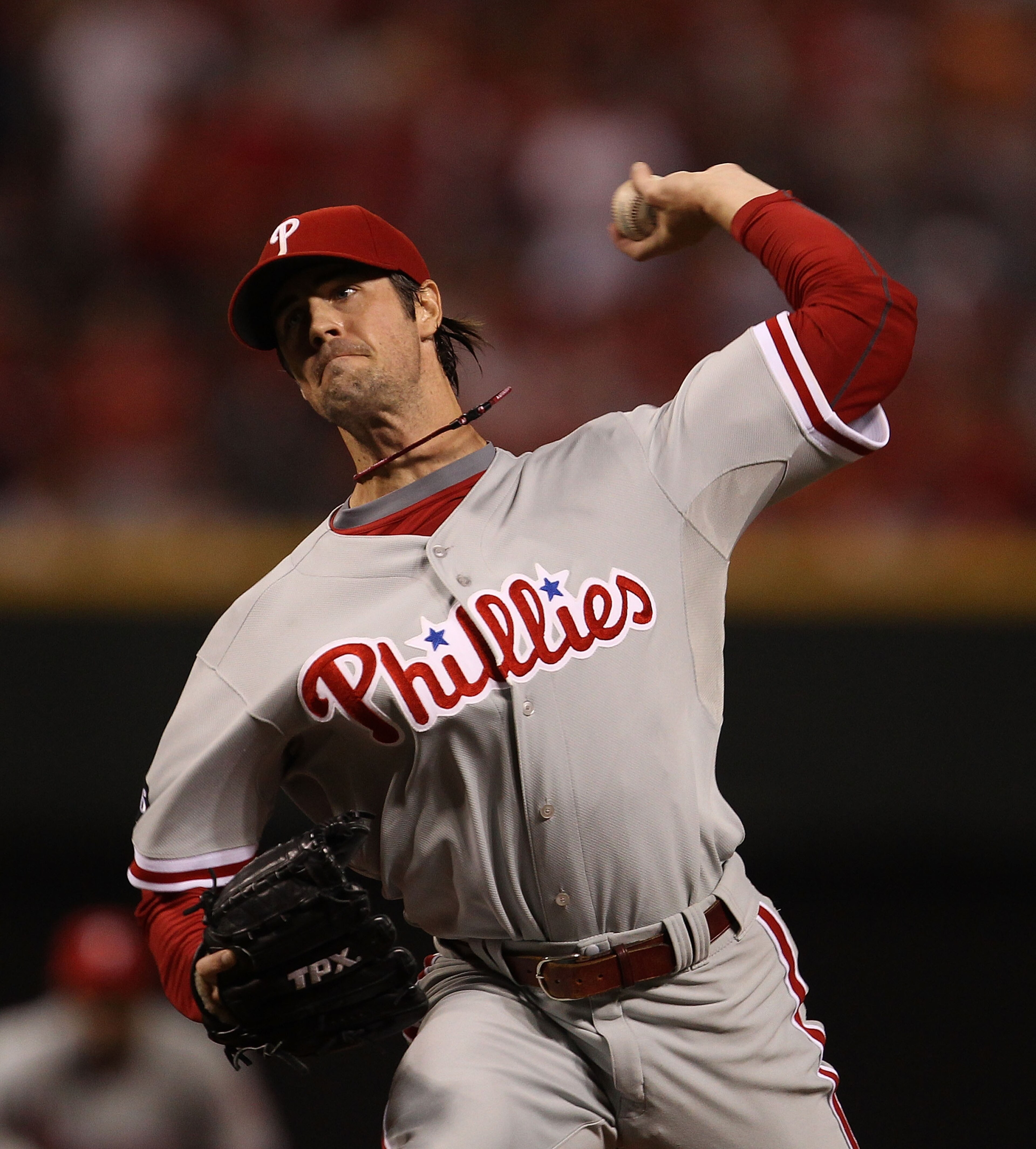 CINCINNATI - OCTOBER 10: Starting pitcher Cole Hamels #35 of the Philadelphia Phillies delivers the ball against the Cincinnati Reds during game 3 of the NLDS at Great American Ball Park on October 10, 2010 in Cincinnati, Ohio. (Photo by Jonathan Daniel/G