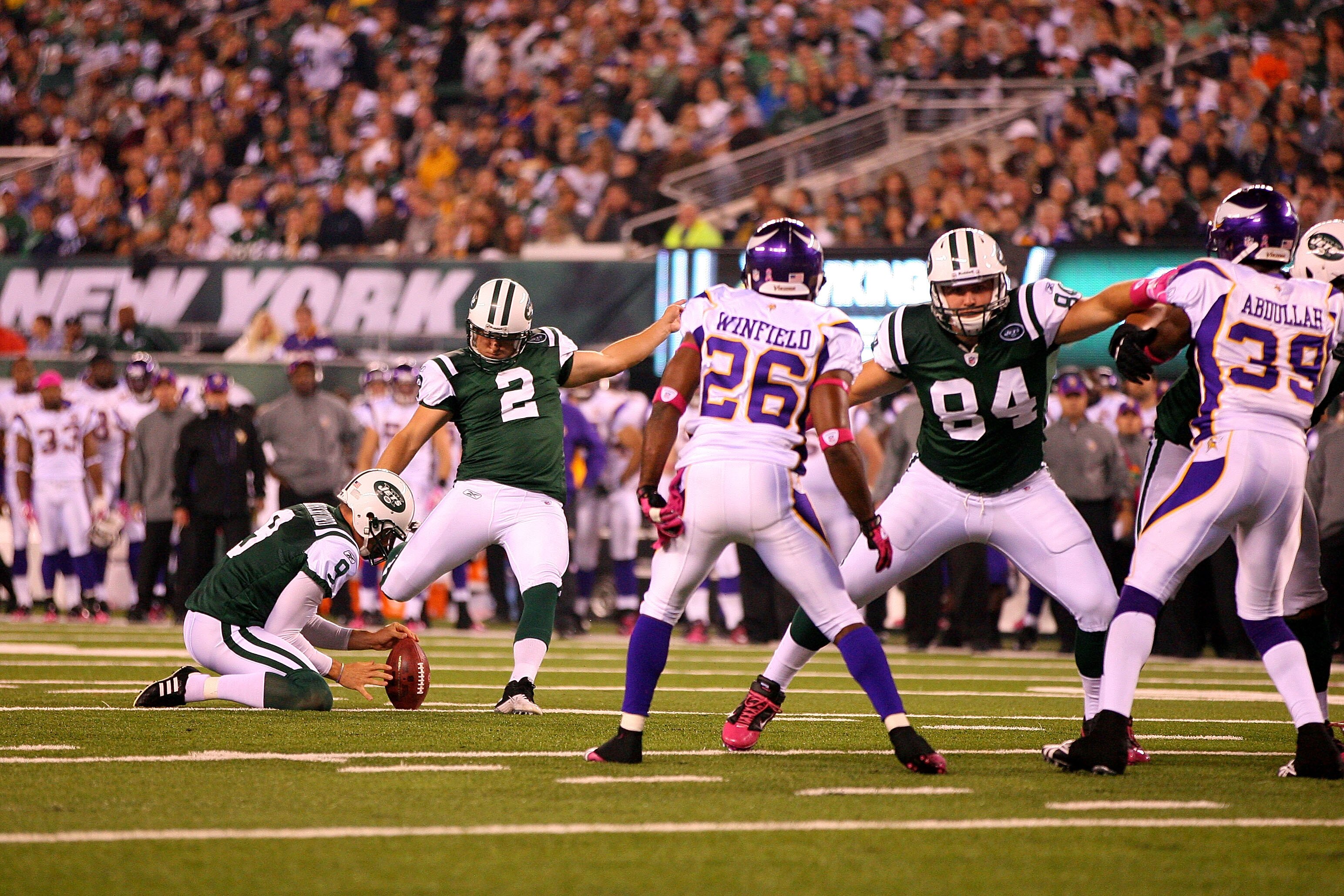 EAST RUTHERFORD, NJ - OCTOBER 11:  Kicker Nick Folk #2 of the New York Jets kicks a successful 25-yard field goal in the first quarter against the Minnesota Vikings at New Meadowlands Stadium on October 11, 2010 in East Rutherford, New Jersey.  (Photo by 