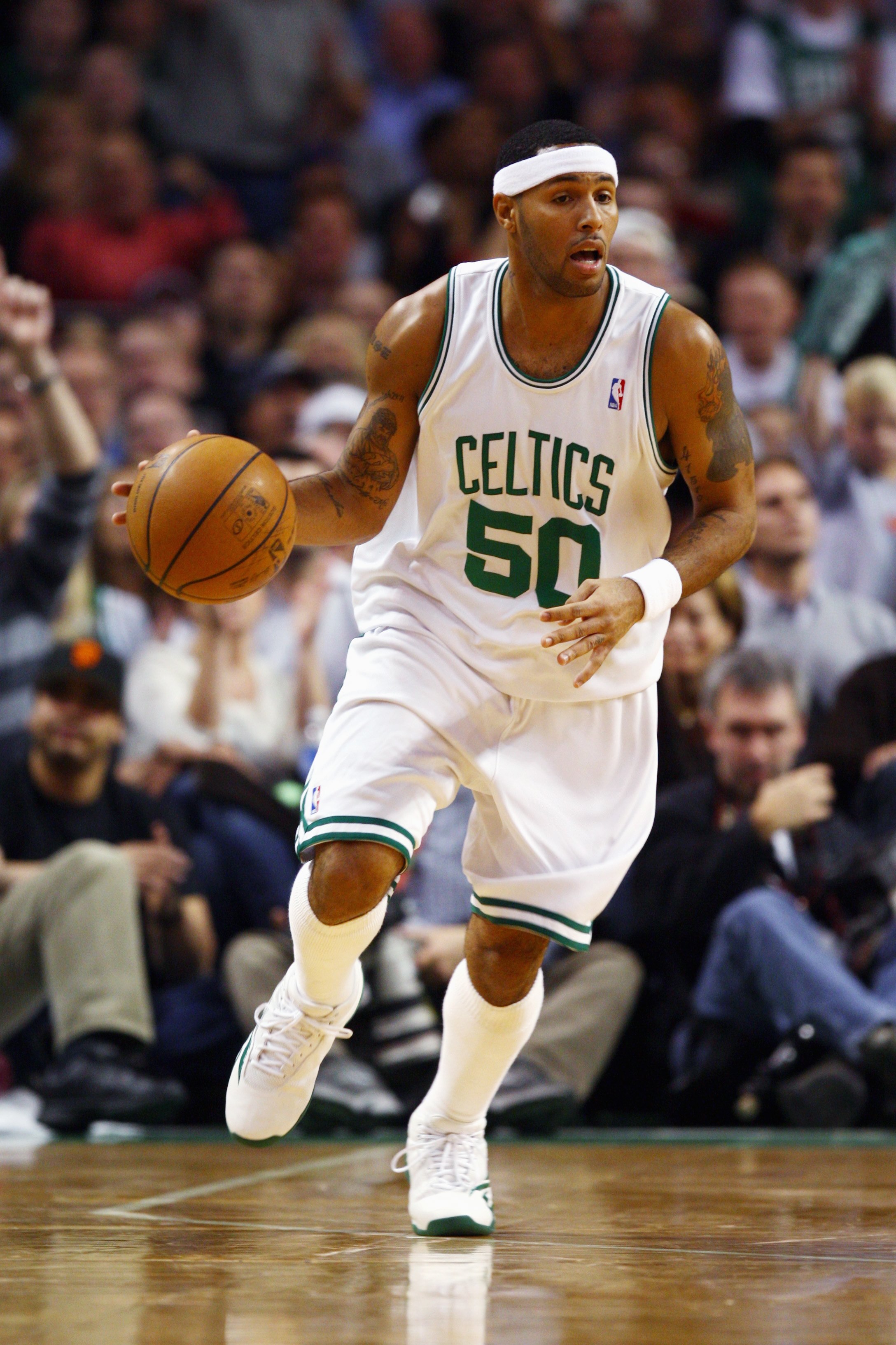 BOSTON - NOVEMBER 16:  Eddie House #50 of the Boston Celtics moves the ball up court during the game against the Miami Heat at the TD Banknorth Garden on November 16, 2007 in Boston, Massachusetts.  The Celtics won 92-91.  NOTE TO USER: User expressly ack