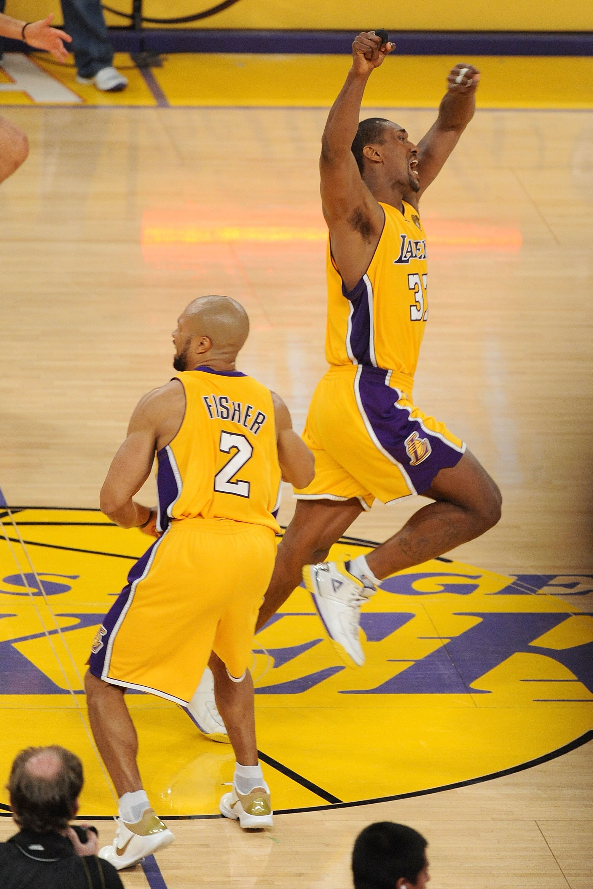 LOS ANGELES, CA - JUNE 17:  Ron Artest #37 of the Los Angeles Lakers celebrates alongside Derek Fisher #2 after the Lakers defeated the Boston Celtics 83-79 in Game Seven of the 2010 NBA Finals at Staples Center on June 17, 2010 in Los Angeles, California