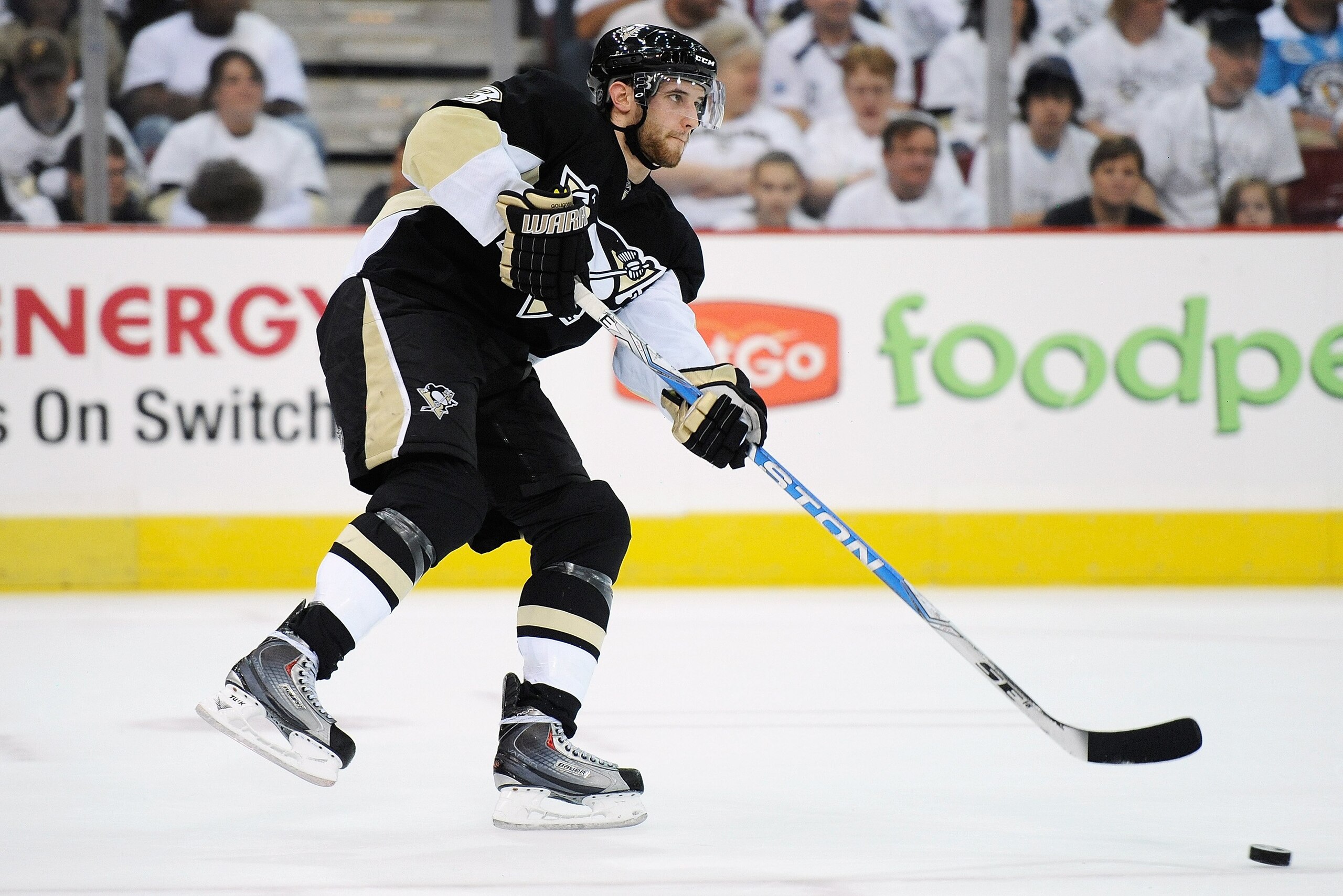 PITTSBURGH - MAY 2:  Alex Goligoski #3 of the Pittsburgh Penguins skates with the puck against the Montreal Canadiens in Game Two of the Eastern Conference Semifinals during the 2010 NHL Stanley Cup Playoffs on May 2, 2010 at Mellon Arena in Pittsburgh, P