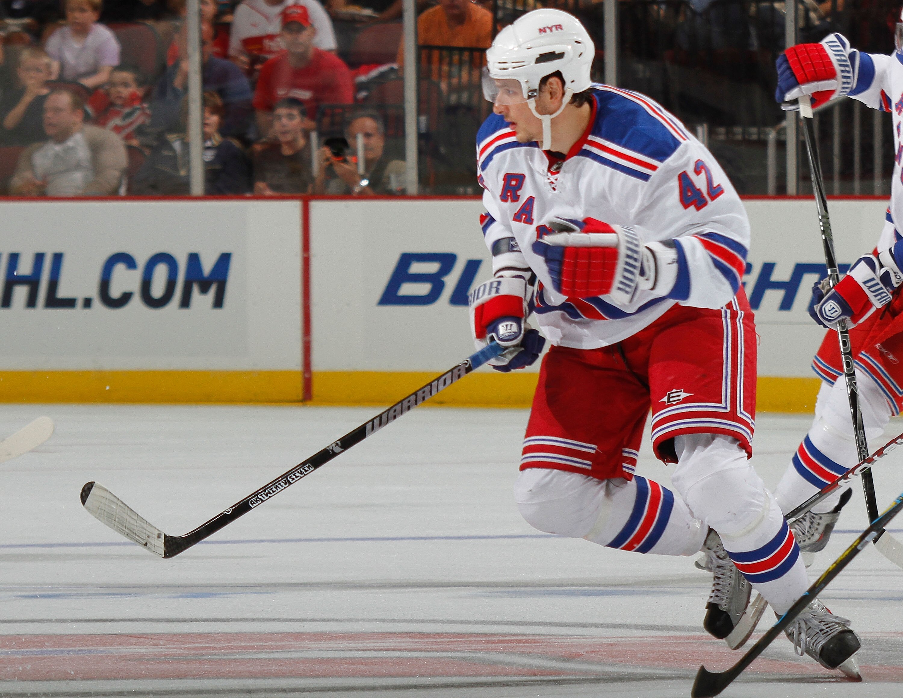 NEWARK, NJ - SEPTEMBER 25:  Artem Anisimov #42 of the New York Rangers during a preseason game against the New Jersey Devils at the Prudential Center on September 25, 2010 in Newark, New Jersey.  (Photo by Paul Bereswill/Getty Images)