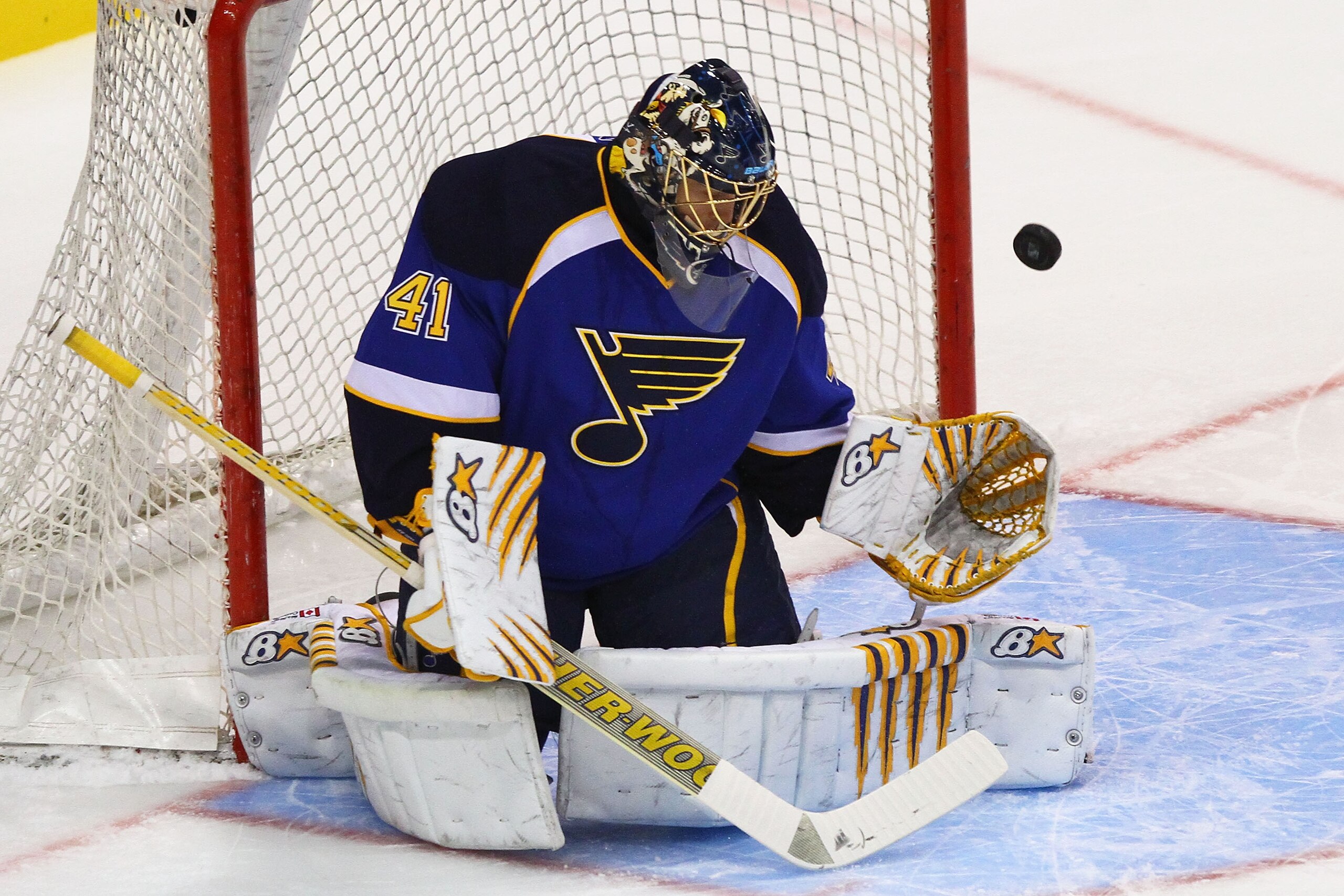 ST. LOUIS - SEPTEMBER 30: Jaroslav Halak #41 of the St. Louis Blues makes a save against the Chicago Blackhawks during a pre-season game at the Scottrade Center on September 30, 2010 in St. Louis, Missouri.  (Photo by Dilip Vishwanat/Getty Images)