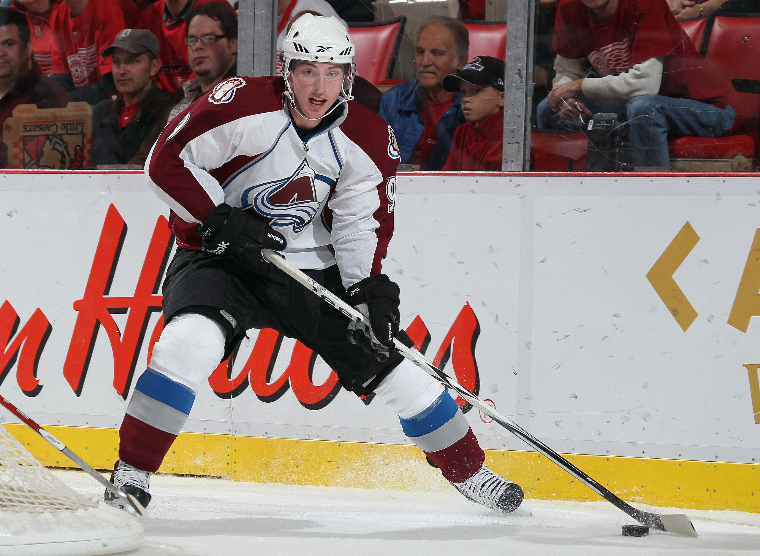 DETROIT - OCTOBER 12:  Matt Duchene #9 of the Colorado Avalanche skates with the puck in a game against the Detroit Red Wings on October 12, 2010 at the Joe Louis Arena in Detroit, Michigan. (Photo by Claus Andersen/Getty Images)