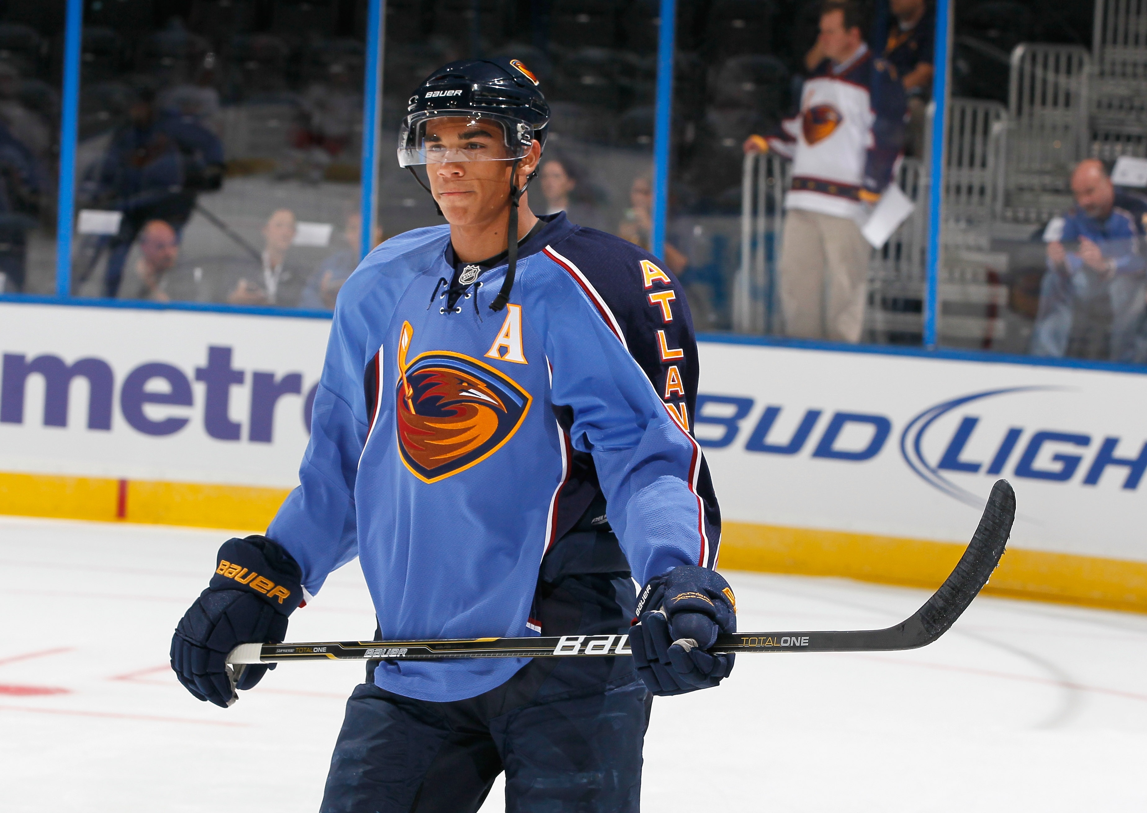 ATLANTA - SEPTEMBER 21:  Evander Kane #9 of the Atlanta Thrashers against the Columbus Blue Jackets during the preseason opener at Phillips Arena on September 21, 2010 in Atlanta, Georgia.  (Photo by Kevin C. Cox/Getty Images)