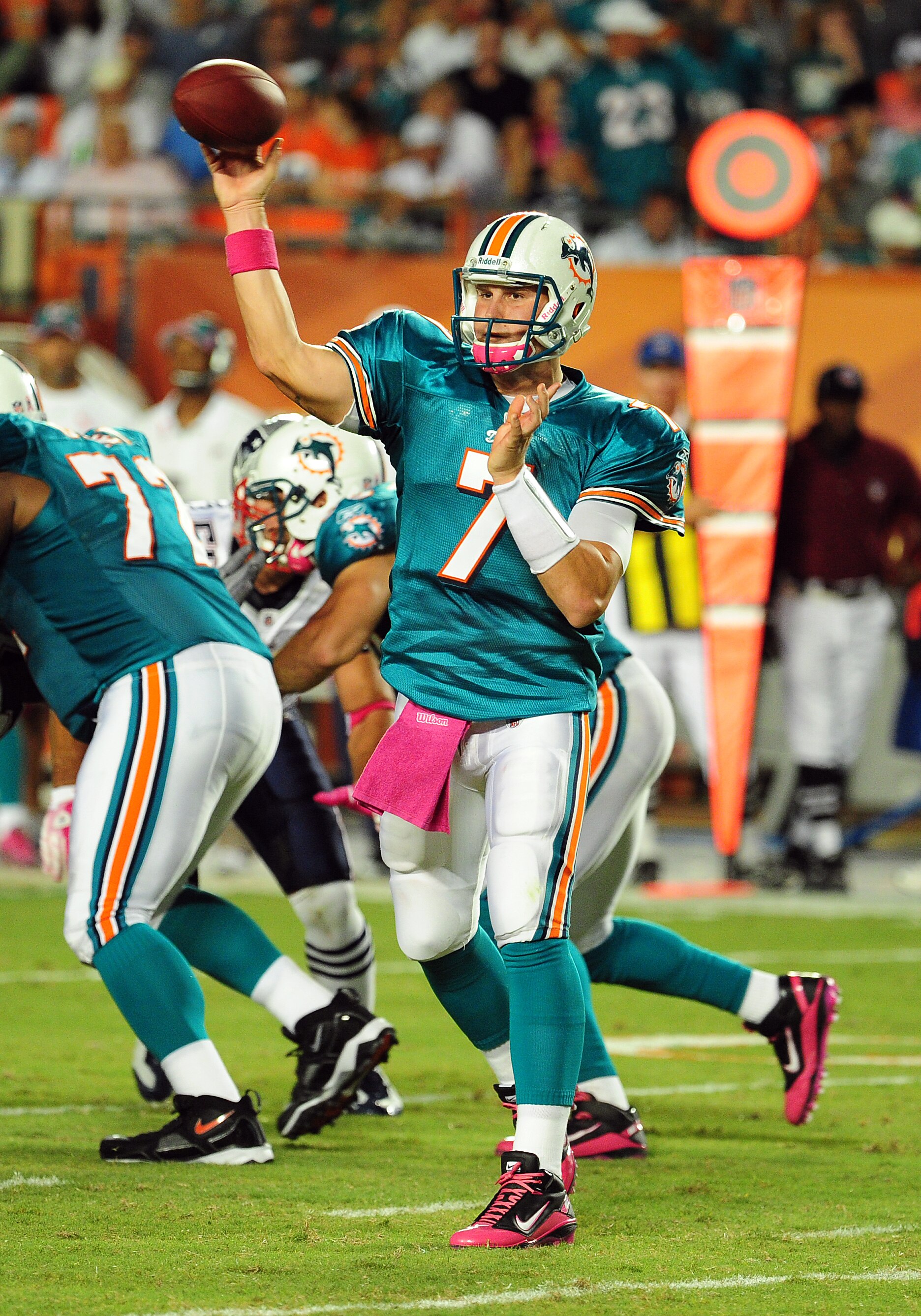 MIAMI - OCTOBER 4: Chad Henne #7 of the Miami Dolphins passes against the New England Patriots at Sun Life Field on October 4, 2010 in Miami, Florida. (Photo by Scott Cunningham/Getty Images)