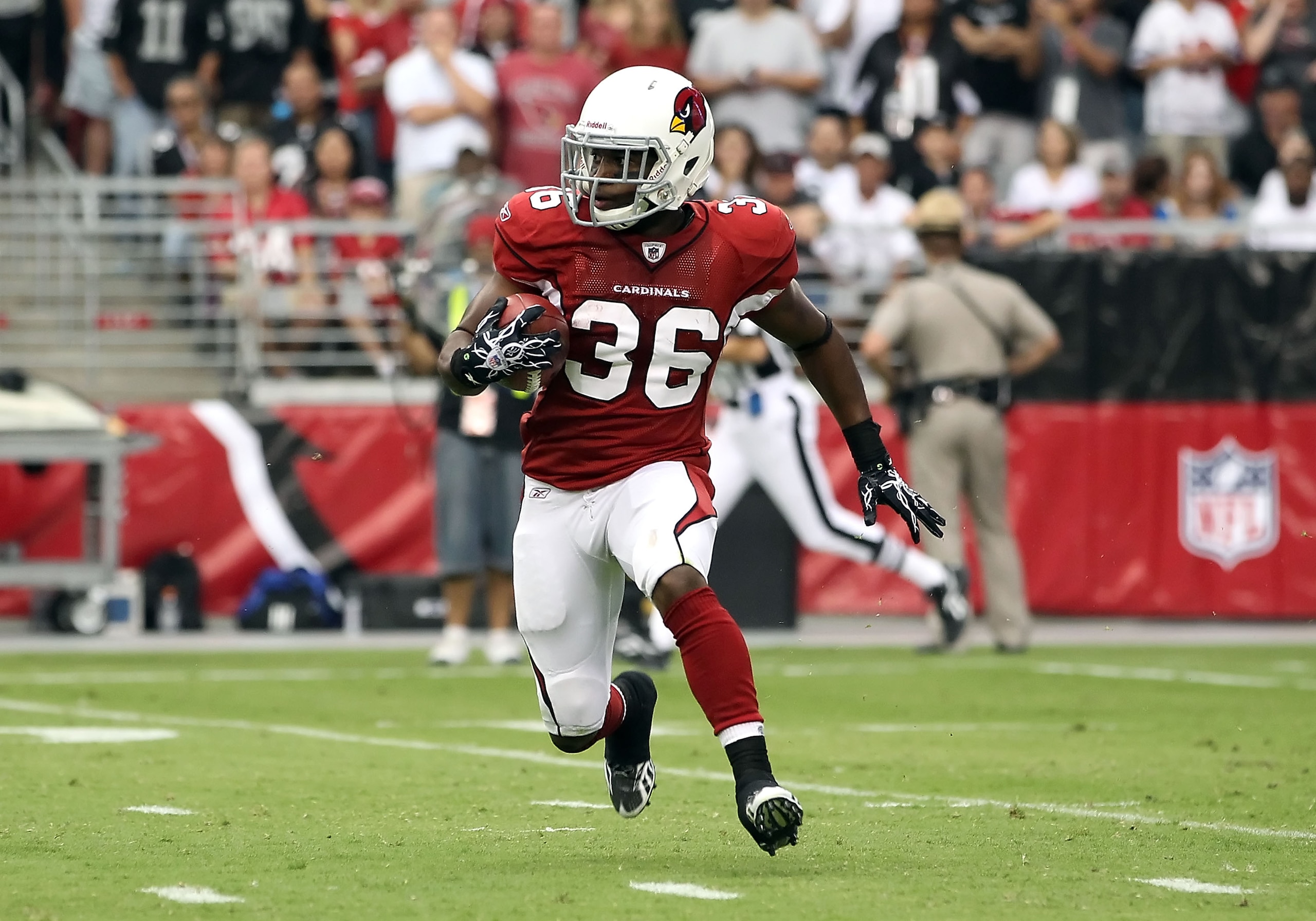 GLENDALE, AZ - SEPTEMBER 26:  Runningback LaRod Stephens-Howling #36 of the Arizona Cardinals rushes the football during the NFL game against the Oakland Raiders at the University of Phoenix Stadium on September 26, 2010 in Glendale, Arizona.  The Cardina