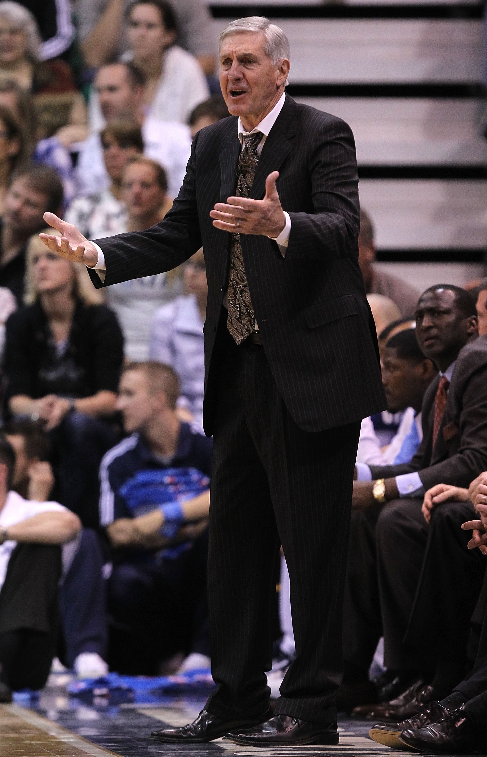 SALT LAKE CITY - MAY 10:  Head coach Jerry Sloan of the Utah Jazz reacts to a call against the Los Angeles Lakers during Game Four of the Western Conference Semifinals of the 2010 NBA Playoffs on May 10, 2010 at Energy Solutions Arena in Salt Lake City, U