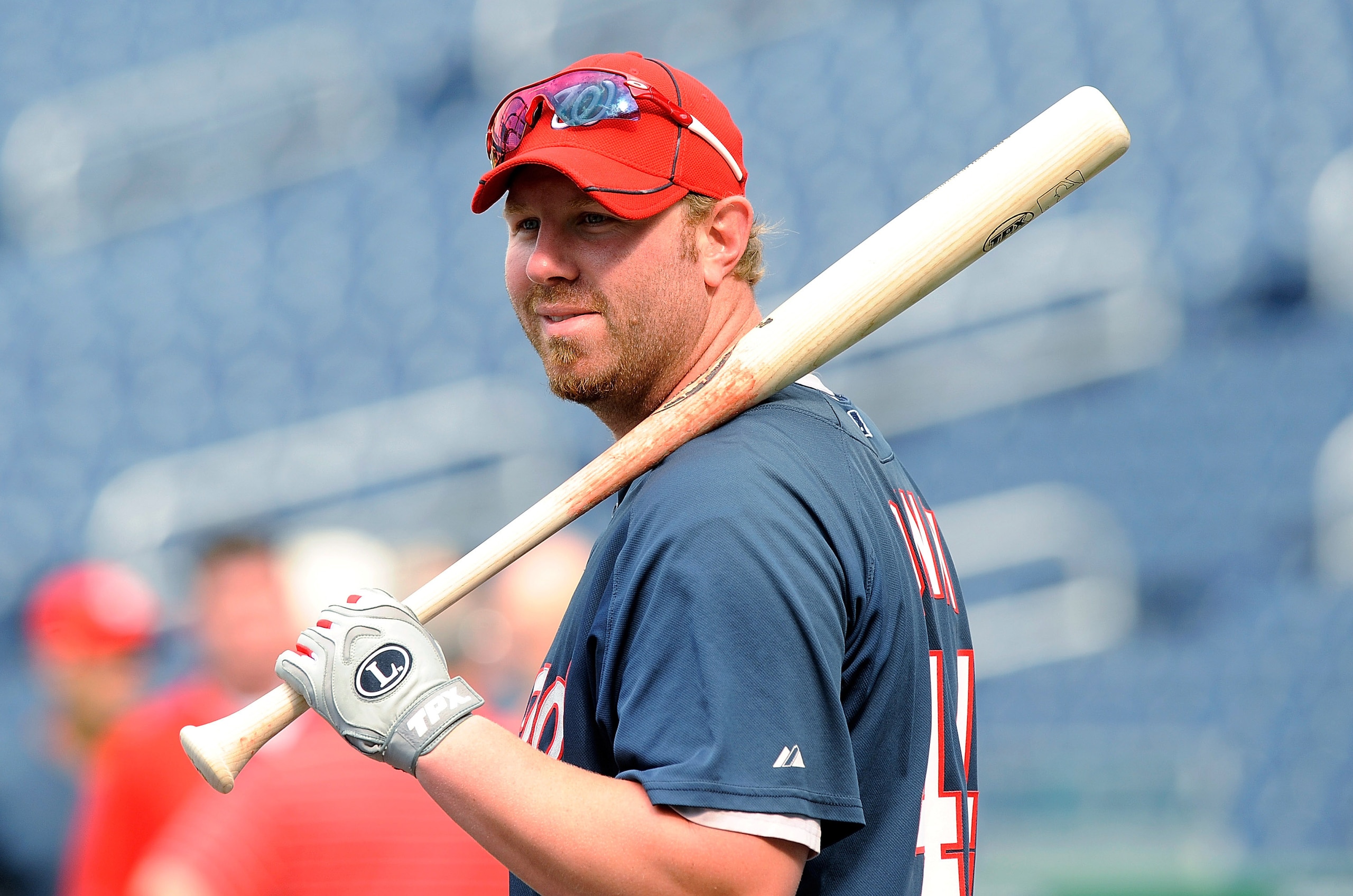 WASHINGTON - JULY 30:  Adam Dunn #44 of the Washington Nationals warms up before the game against the Philadelphia Phillies at Nationals Park on July 30, 2010 in Washington, DC.  (Photo by Greg Fiume/Getty Images)