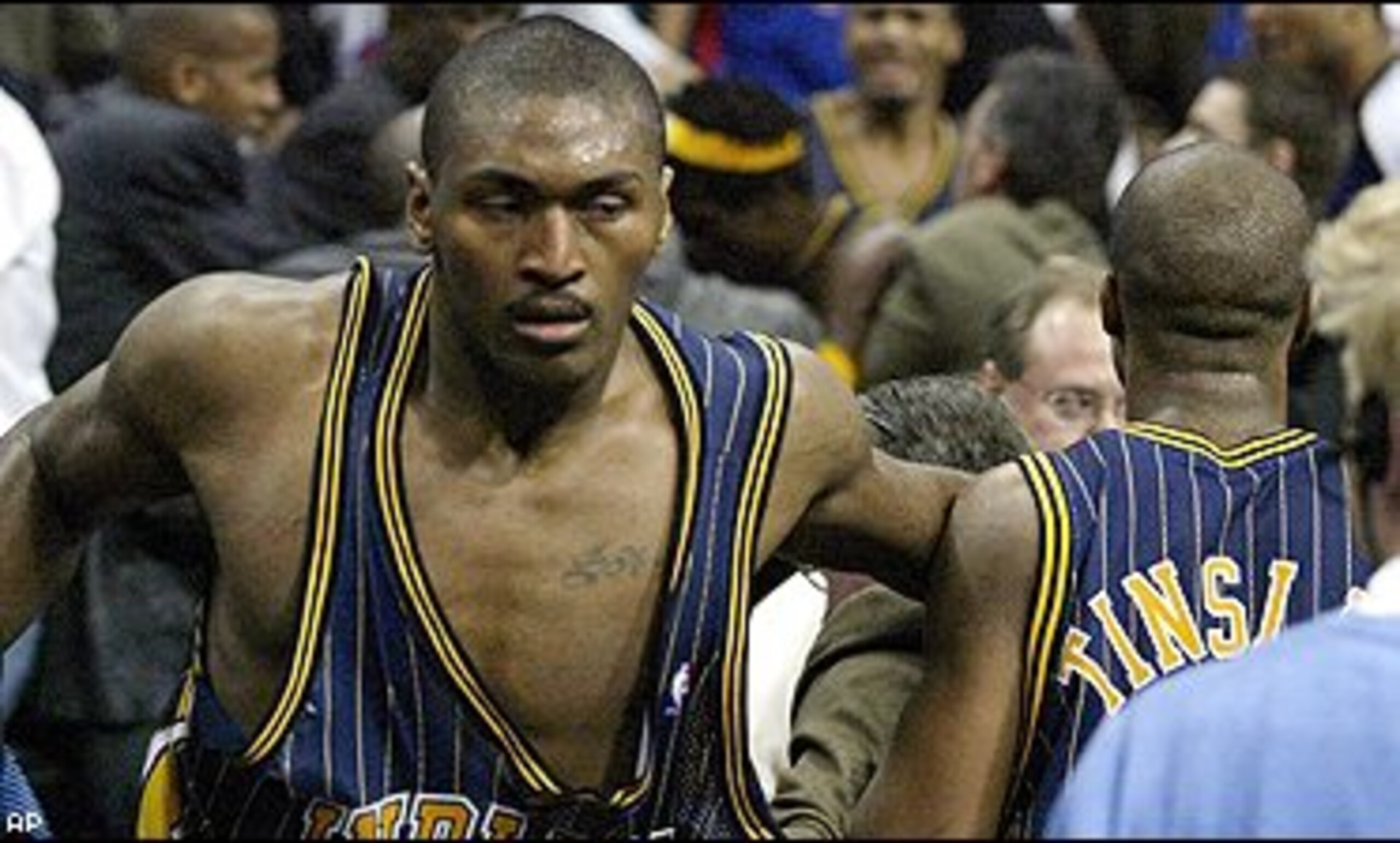 Ron Artest with that gleam in his eye after running into the stands at the Palace of Auburn Hills in Detroit.