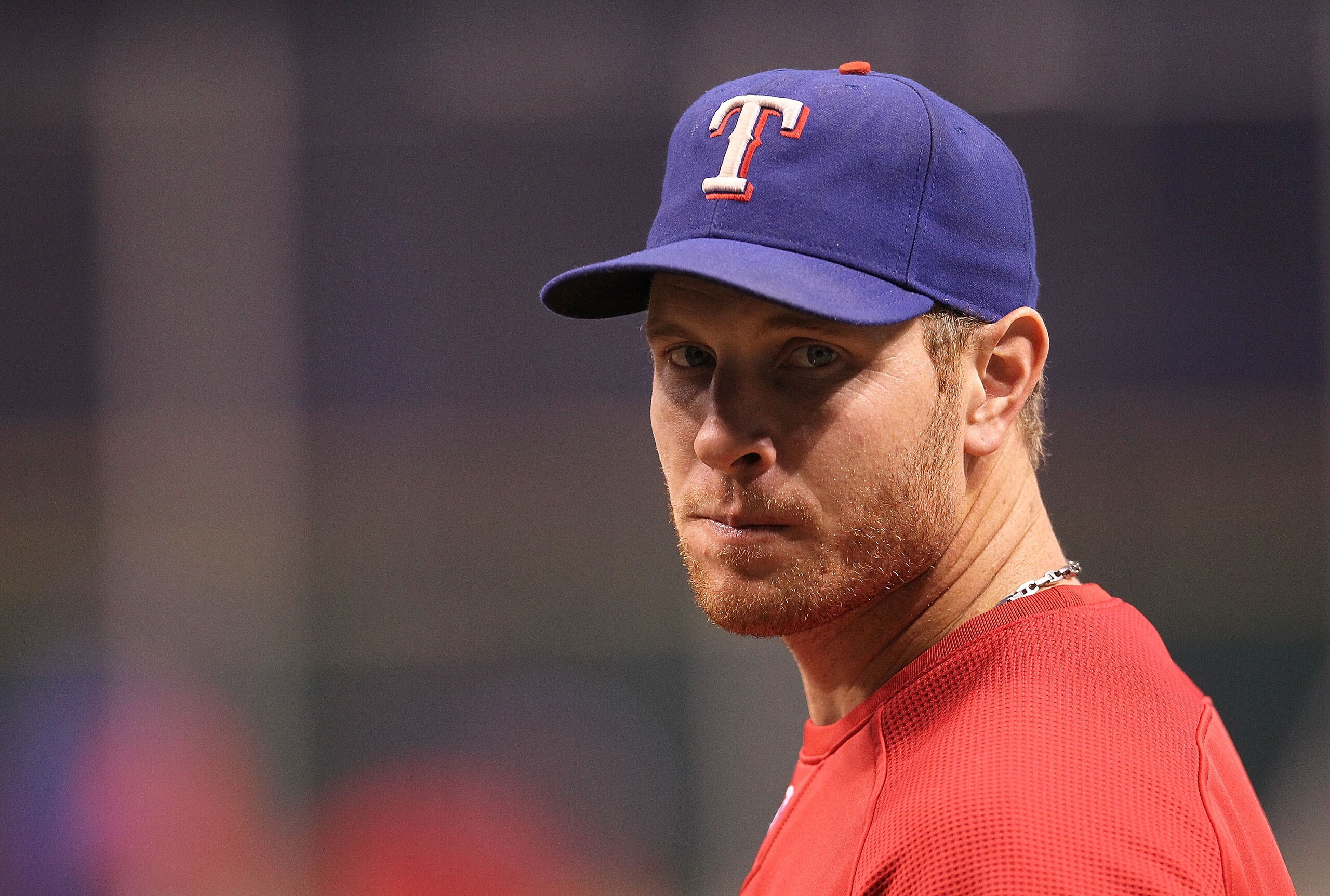ST. PETERSBURG, FL - OCTOBER 12: Josh Hamilton of the Texas Rangers talks with reporters before Game 5 of the ALDS against the Tampa Bay Rays at Tropicana Field on October 12, 2010 in St. Petersburg, Florida.  (Photo by Mike Ehrmann/Getty Images)