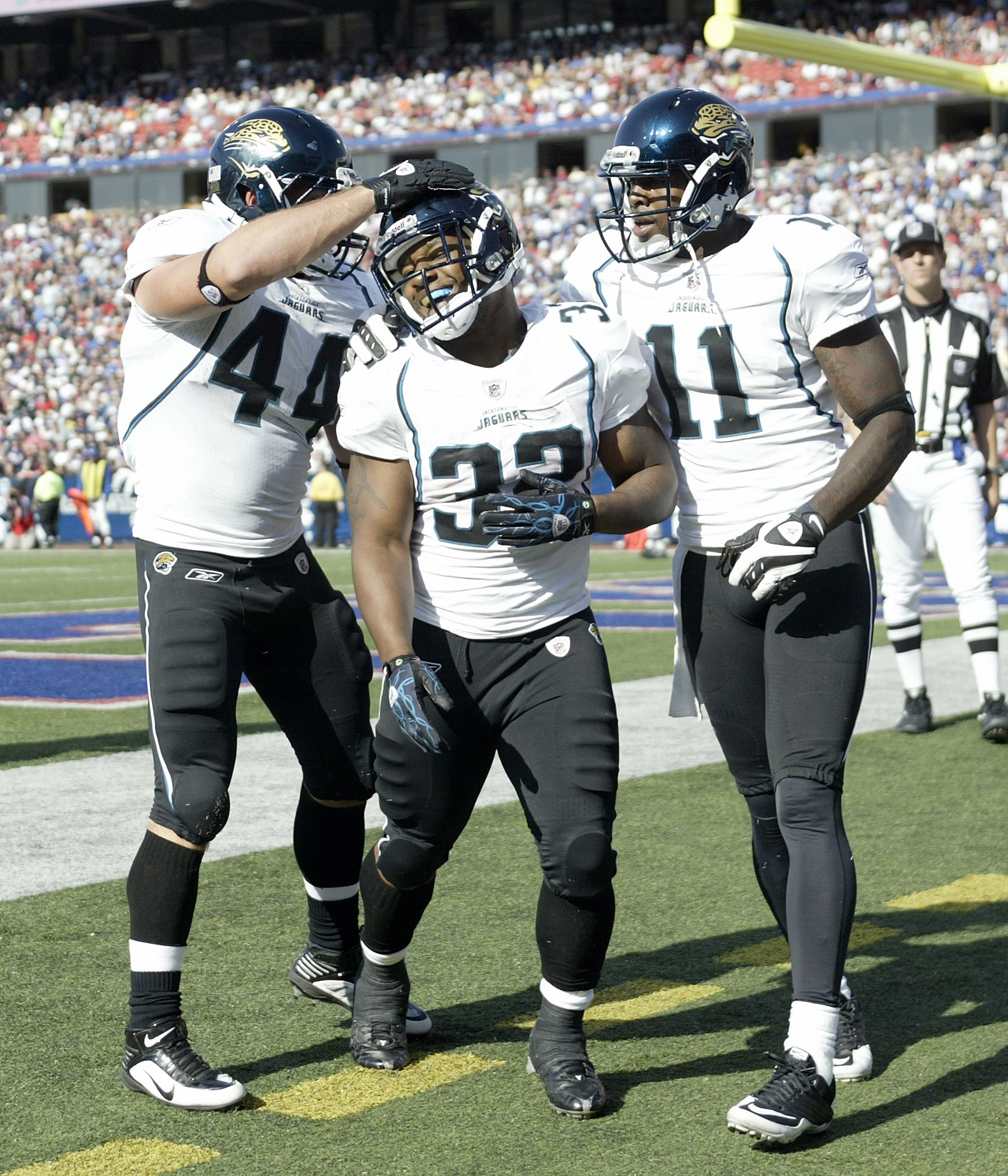ORCHARD PARK, NY - OCTOBER 10: Brock Bolen #44, Maurice Jones-Drew #32 and Mike Sims-Walker #11  of the Jacksonville Jaguars celebrate Jones-Drew run for a touchdown that was called back for a penalty against the Buffalo Bills   at Ralph Wilson Stadium on