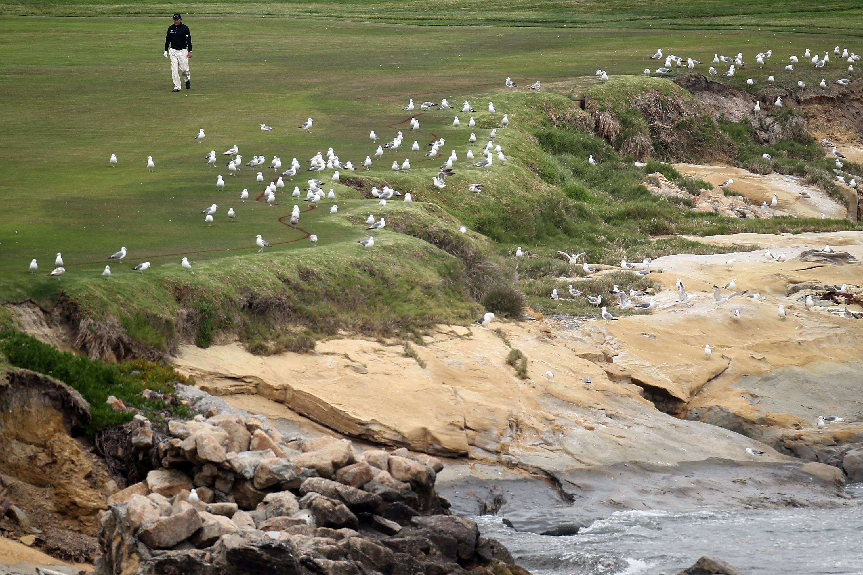 PEBBLE BEACH, CA - JUNE 20:  Phil Mickelson walks up the 18th fairway during the final round of the 110th U.S. Open at Pebble Beach Golf Links on June 20, 2010 in Pebble Beach, California.  (Photo by Stephen Dunn/Getty Images)