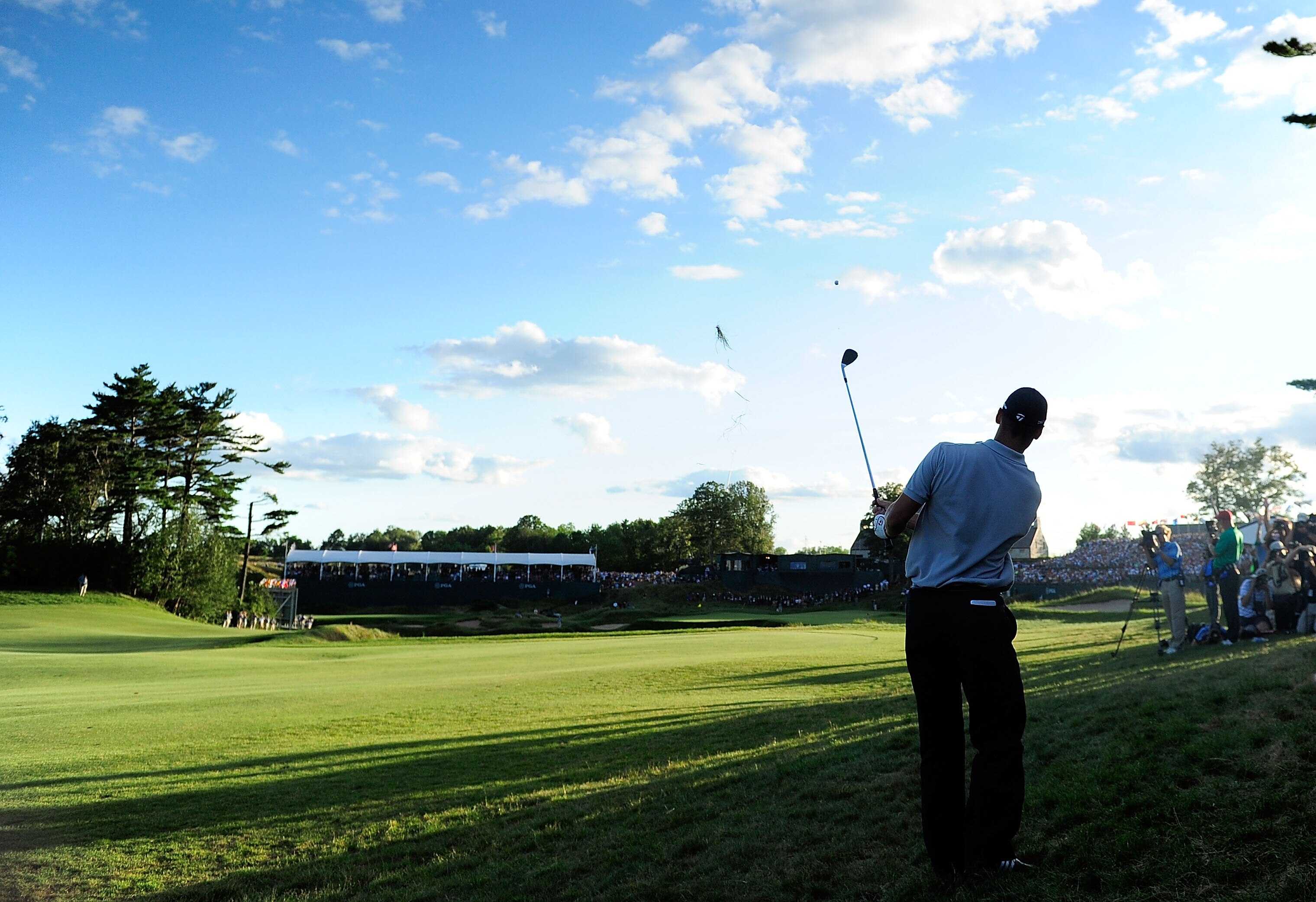KOHLER, WI - AUGUST 15:  Martin Kaymer of Germany hits his second shot on the 18th hole during the three-hole aggregate playoff following the final round of the 92nd PGA Championship on the Straits Course at Whistling Straits on August 15, 2010 in Kohler,
