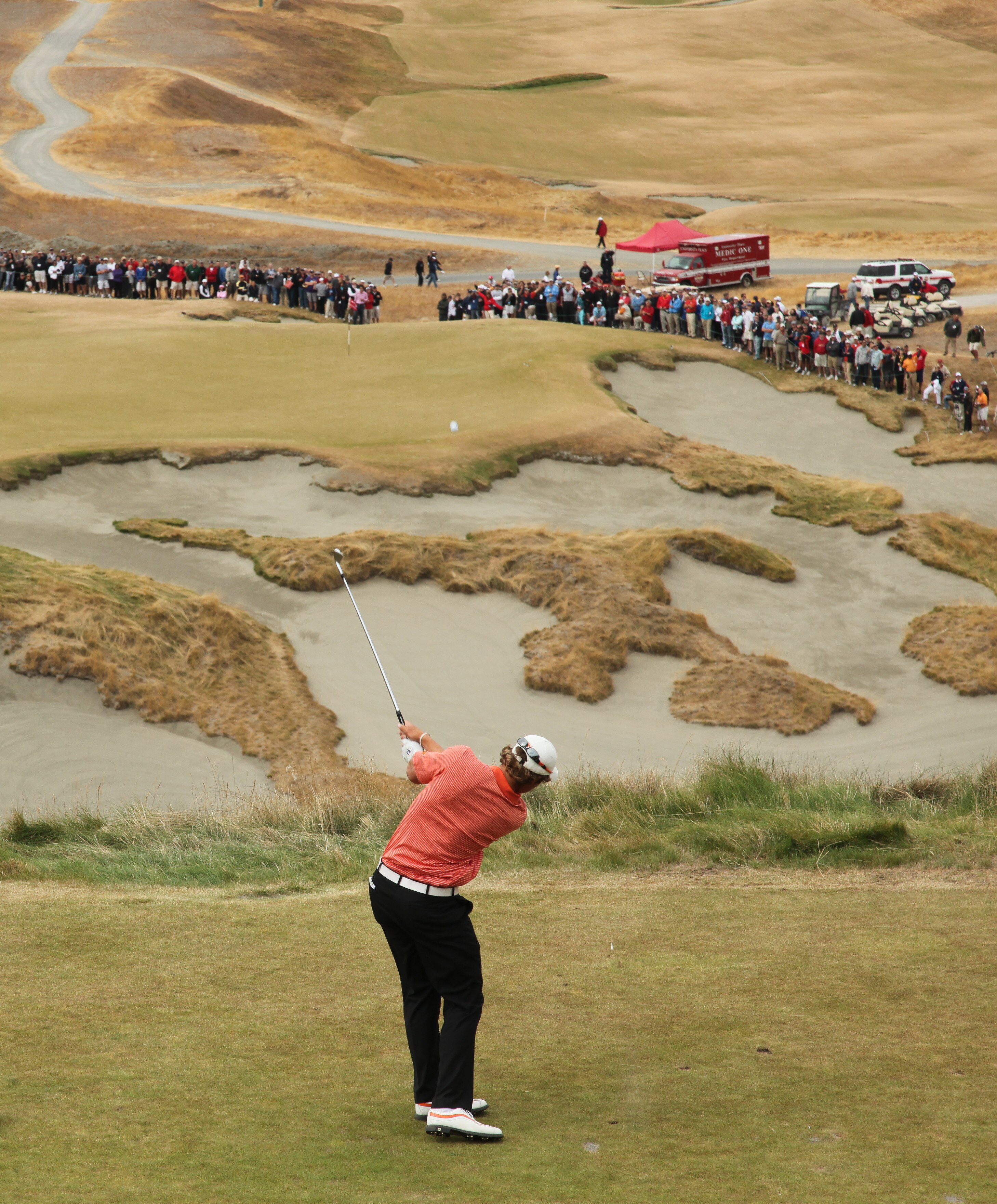 UNIVERSITY PLACE, WA - AUGUST 29:  Peter Uihlein hits a tee shot on No. 9 on the final day of the U.S. Amateur Golf Championship on August 29, 2010 at Chambers Bay in University Place, Washington. Uihlein won the 36 hole final 4 and 2. (Photo by Otto Greu