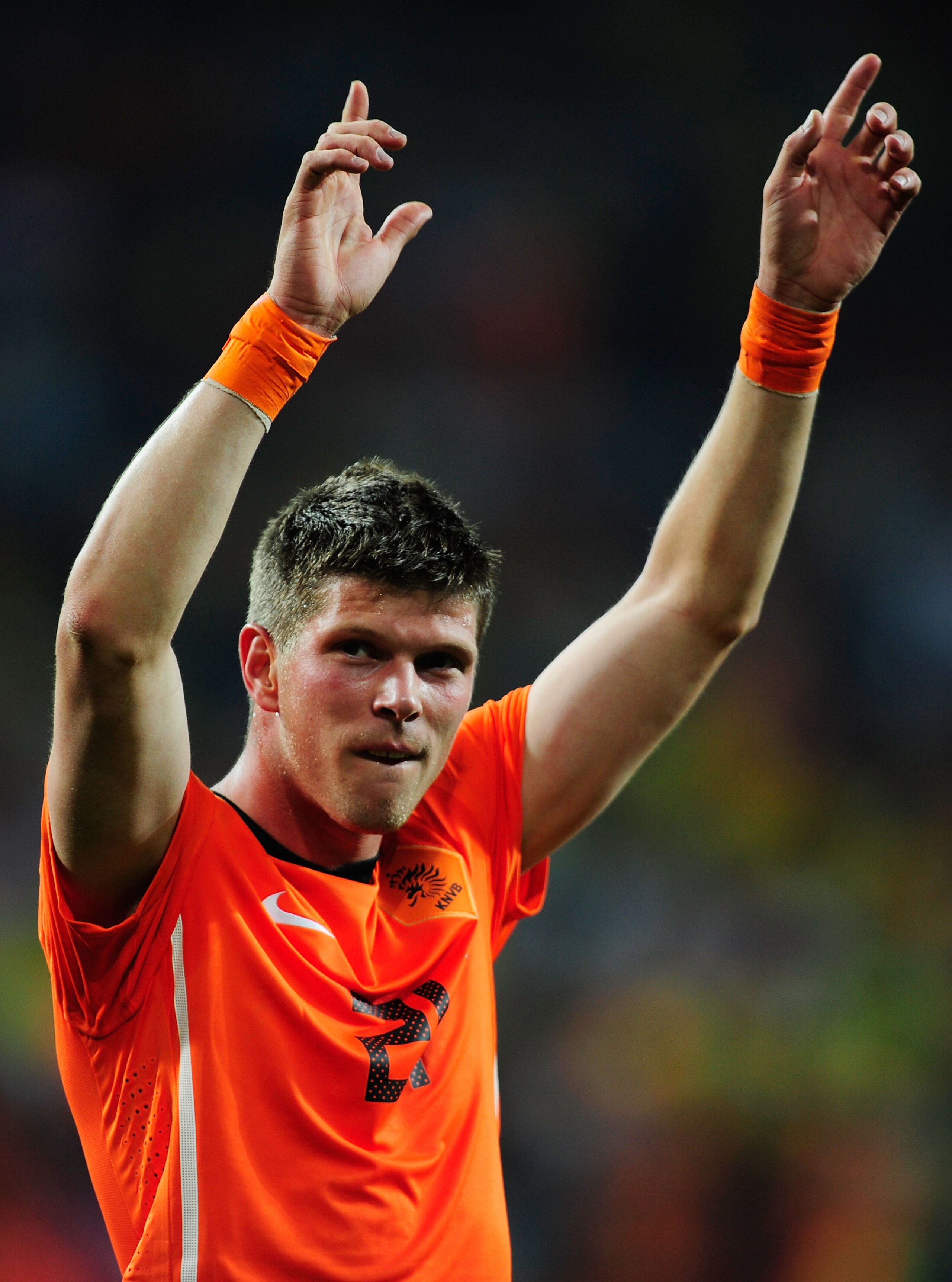 PORT ELIZABETH, SOUTH AFRICA - JULY 02:  Klaas Jan Huntelaar of the Netherlands celebrates after victory and progress to the semi-finals during the 2010 FIFA World Cup South Africa Quarter Final match between Netherlands and Brazil at Nelson Mandela Bay S