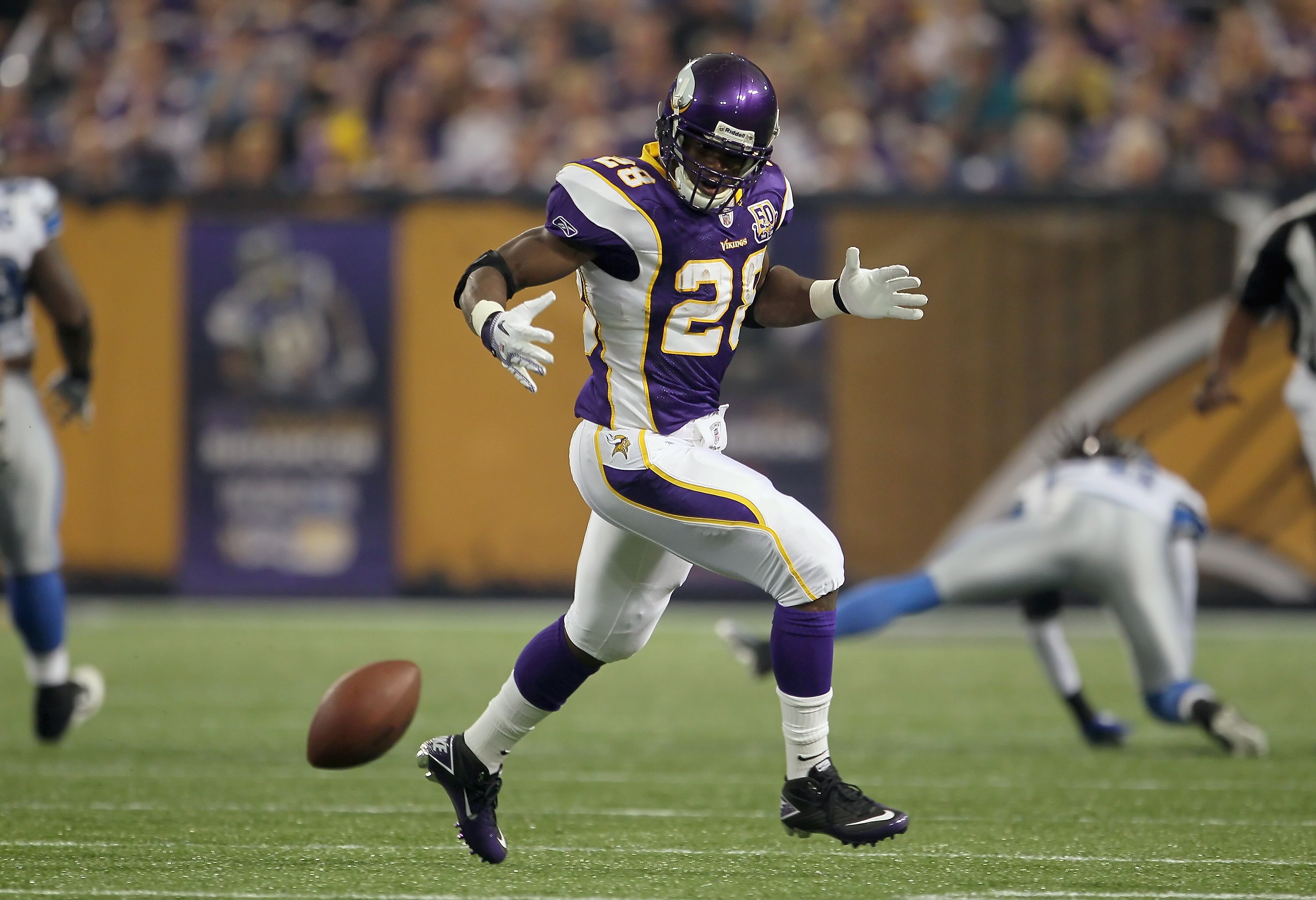 MINNEAPOLIS - SEPTEMBER 26: Running back Adrian Peterson #28 of the Minnesota Vikings drops a pass against the Detroit Lions at Mall of America Field on September 26, 2010 in Minneapolis, Minnesota. The Vikings defeated the Lions 24-10. (Photo by Jeff G MINNEAPOLIS - SEPTEMBER 26: Running back Adrian Peterson #28 of the Minnesota Vikings drops a pass against the Detroit Lions at Mall of America Field on September 26, 2010 in Minneapolis, Minnesota. The Vikings defeated the Lions 24-10. (Photo by Jeff G