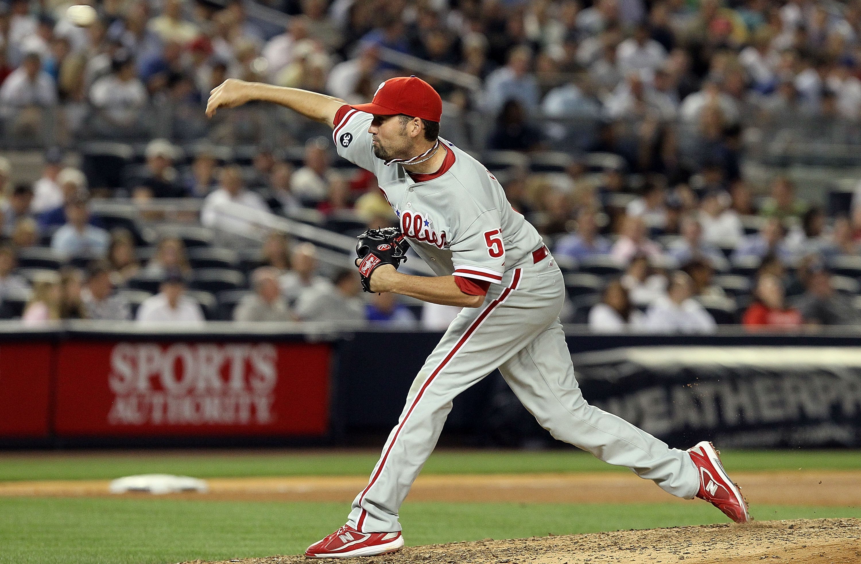 NEW YORK - JUNE 15:  David Herndon #57 of the Philadelphia Phillies delivers a pitch against the New York Yankees on June 15, 2010 at Yankee Stadium in the Bronx borough of New York City.  (Photo by Jim McIsaac/Getty Images)