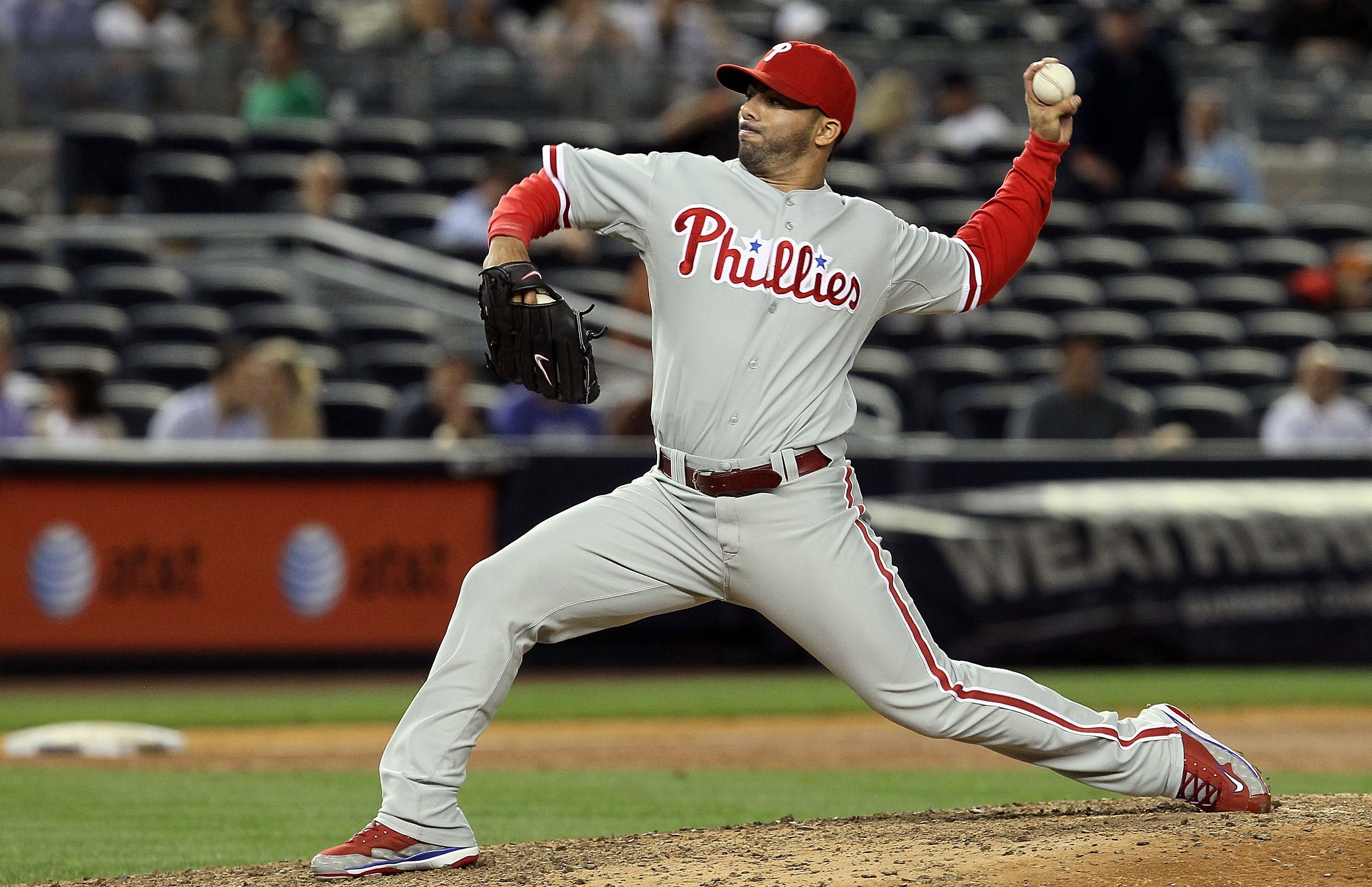 NEW YORK - JUNE 17:  J.C. Romero #16 of the Philadelphia Phillies delivers a pitch against the New York Yankees on June 17, 2010 at Yankee Stadium in the Bronx borough of New York City.  (Photo by Jim McIsaac/Getty Images)