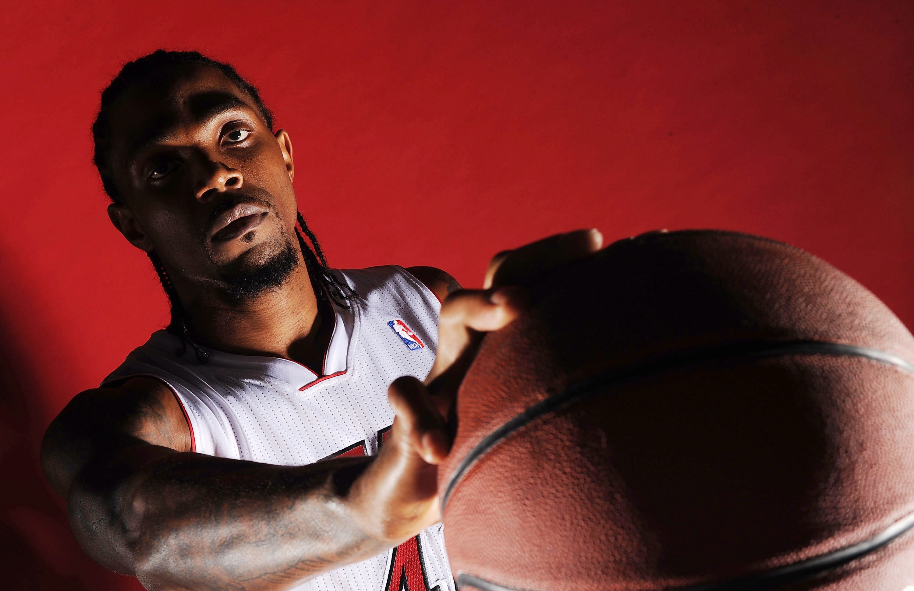 MIAMI - SEPTEMBER 27:  Udonis Haslam #40 of the Miami Heat pose for photos during media day at the Bank United Center on September 27, 2010 in Miami, Florida. NOTE TO USER: User expressly acknowledges and agrees that, by downloading and/or using this Phot
