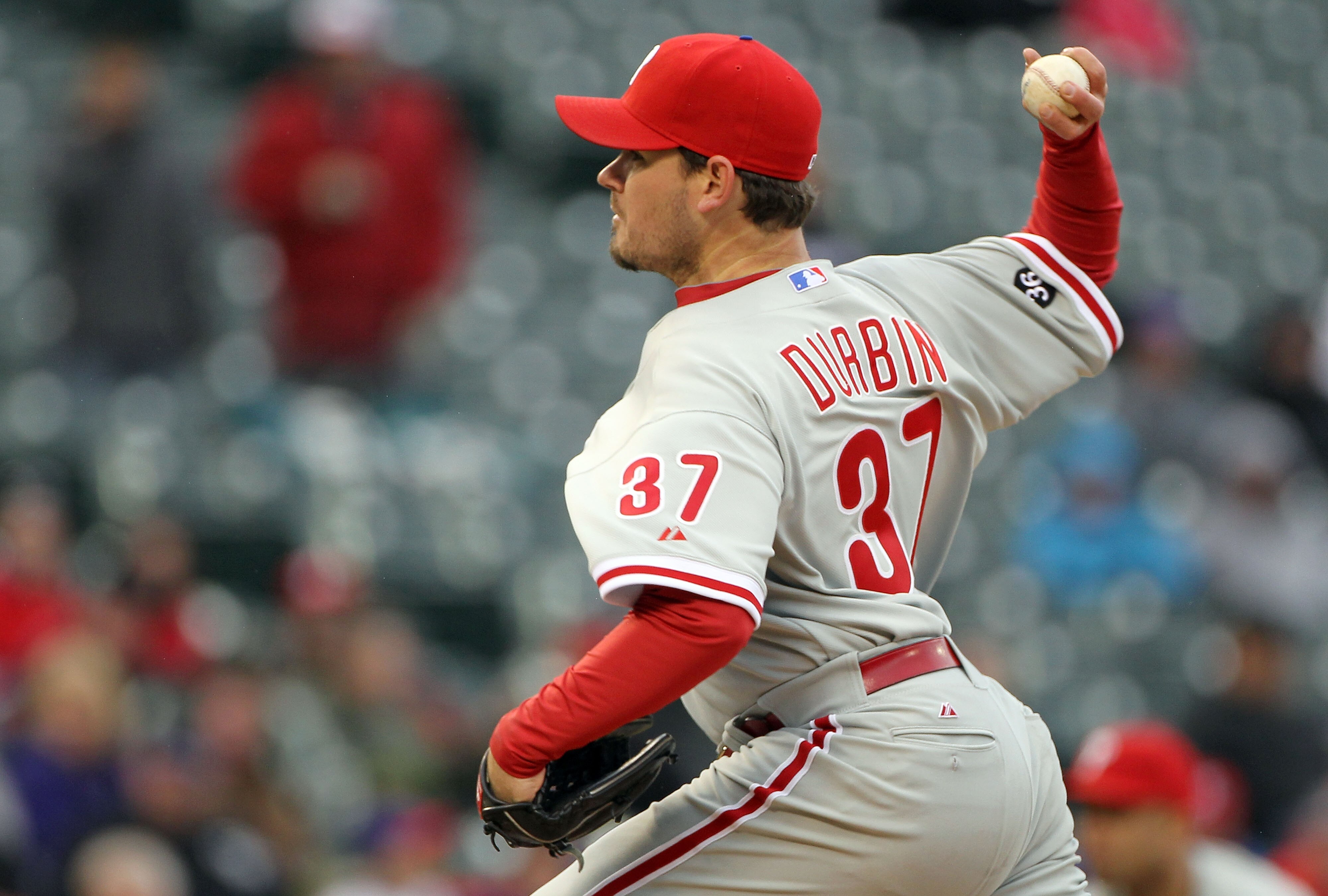 DENVER - MAY 12:  Relief pitcher Chad Durbin #37 of the Philadelphia Phillies delivers against the Colorado Rockies at Coors Field on May 12, 2010 in Denver, Colorado. Durbin gave up the game winning homerun to Miguel Olivo as he collected the loss as the