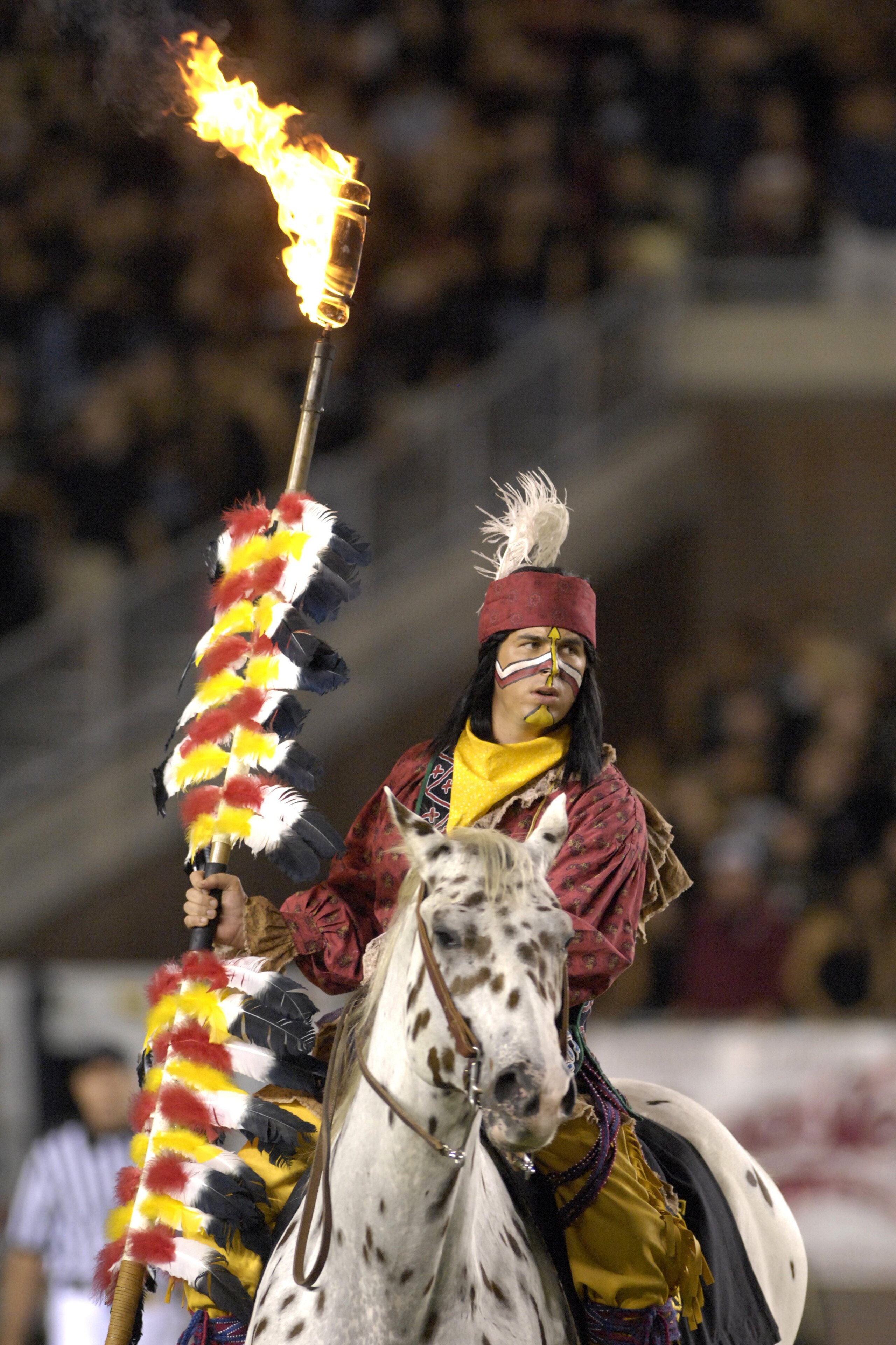 TALLAHASSEE, FL - OCTOBER 27: The mascot of the Florida State Seminoles carries a ligthted spear before play against the Duke Blue Devils at Doak Campbell Stadium on October 27, 2007 in Tallahassee, Florida.  FSU won 25-6. (Photo by Al Messerschmidt/Getty