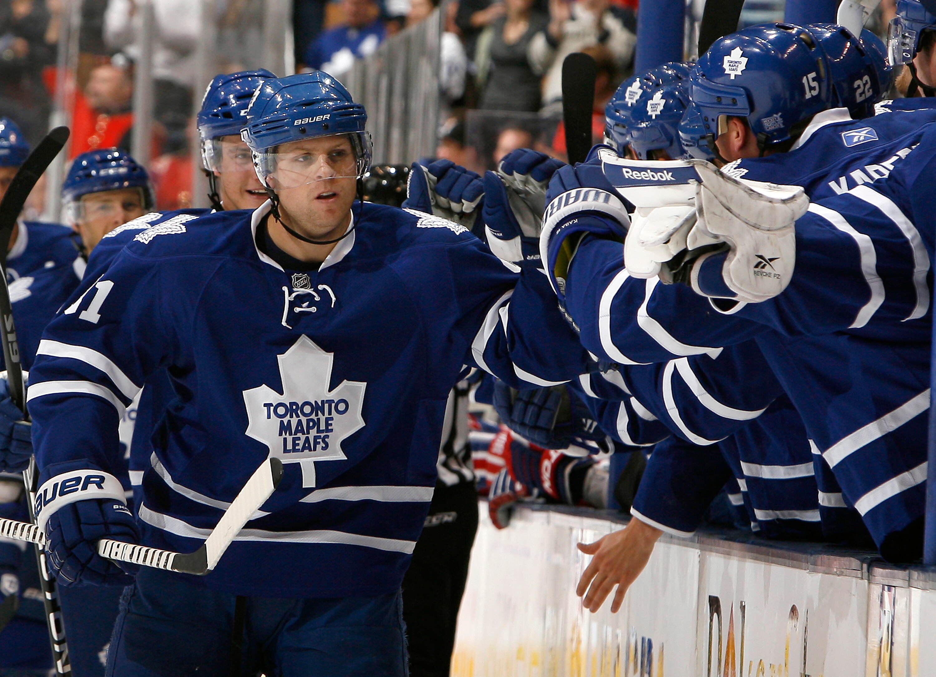 TORONTO - OCTOBER 7: Phil Kessel #81 of the Toronto Maple Leafs celebrates his goal against the Montreal Canadiens during a regular season NHL game against the Toronto Maple Leafs at the Air Canada Centre October 7, 2010 in Toronto, Ontario, Canada. (Phot