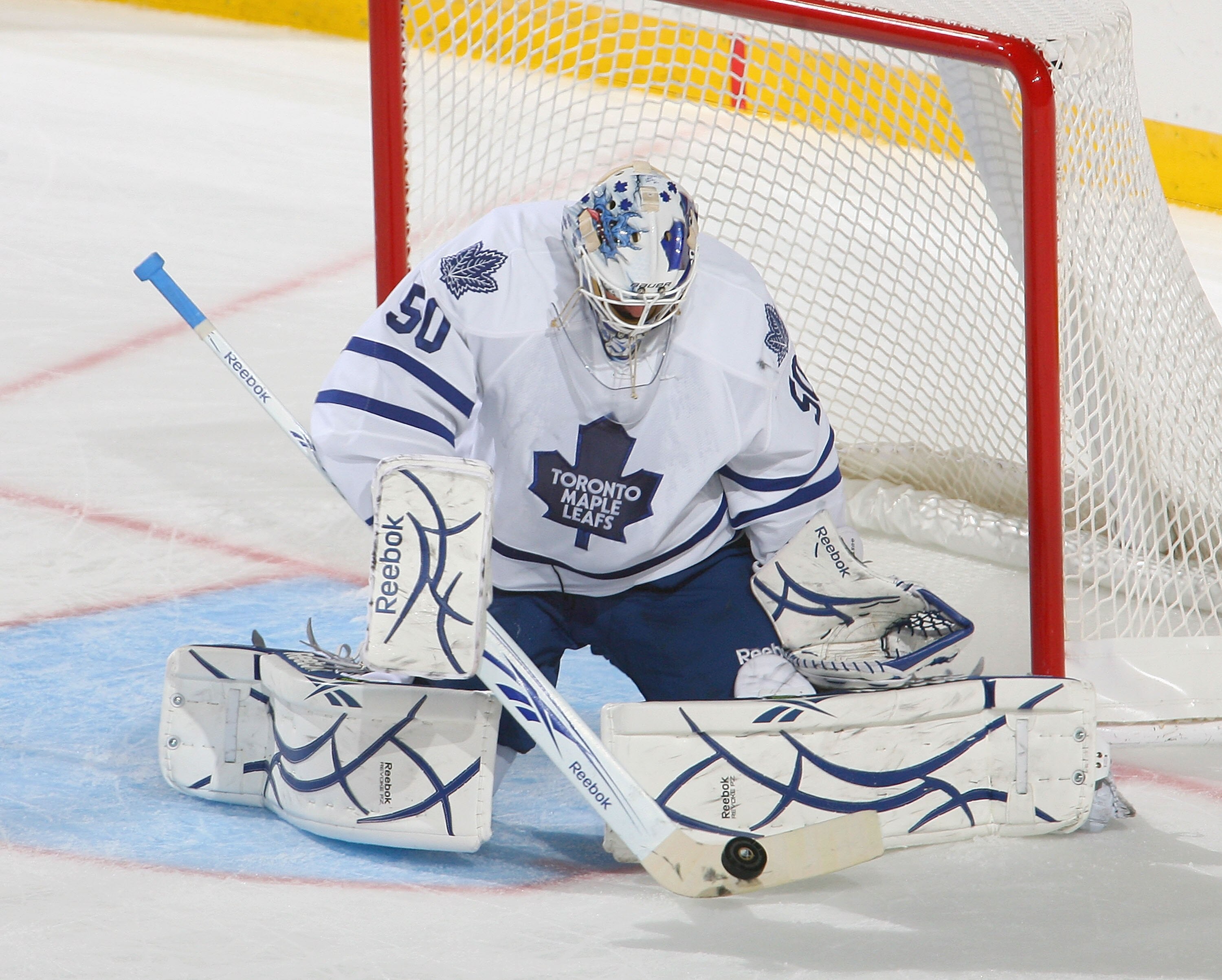 BUFFALO, NY - SEPTEMBER 25:  Jonas Gustavsson #50 of the Toronto Maple Leafs makes a save against the Buffalo Sabres  at HSBC Arena on September 25, 2010 in Buffalo, New York.  (Photo by Rick Stewart/Getty Images)