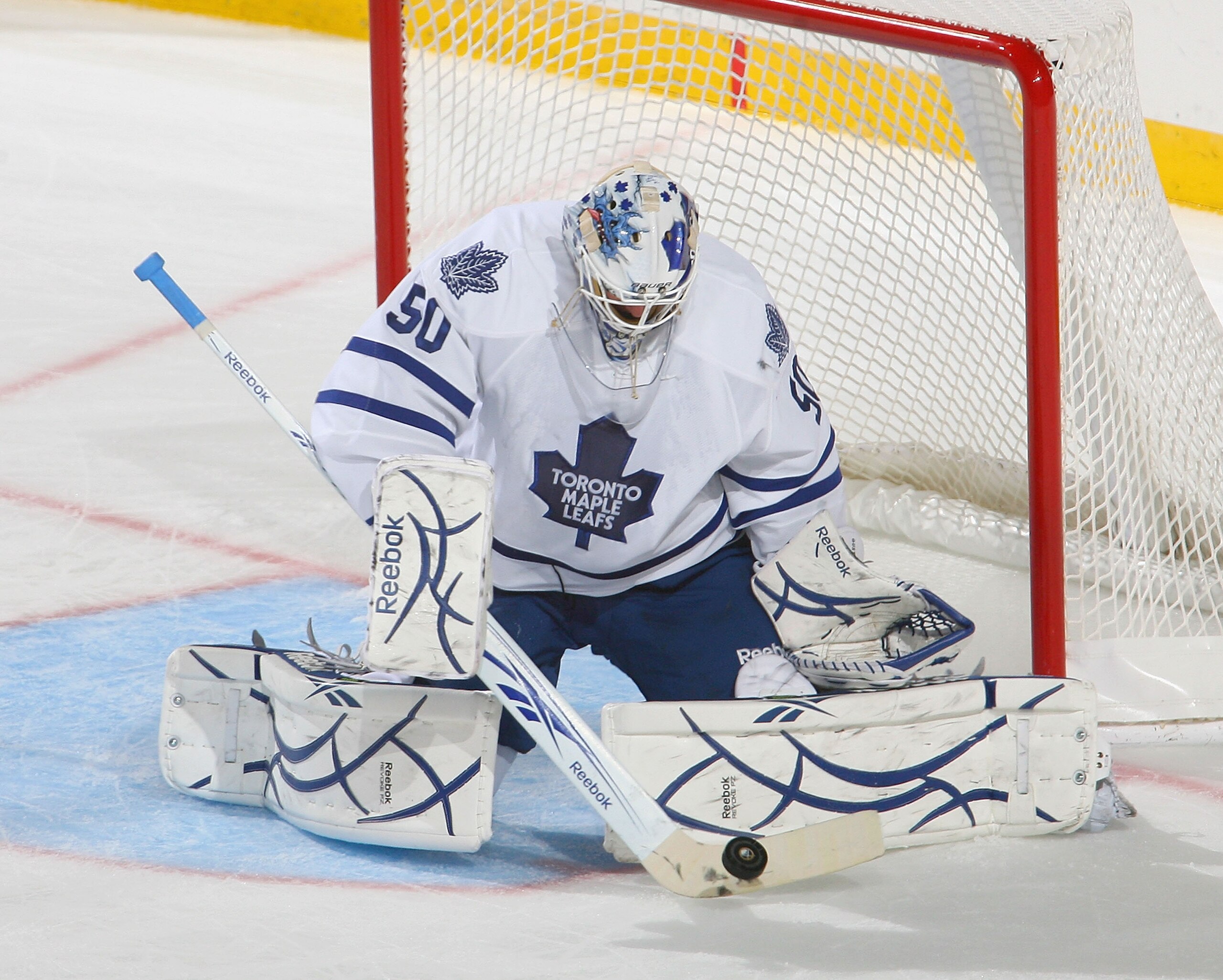 BUFFALO, NY - SEPTEMBER 25:  Jonas Gustavsson #50 of the Toronto Maple Leafs makes a save against the Buffalo Sabres  at HSBC Arena on September 25, 2010 in Buffalo, New York.  (Photo by Rick Stewart/Getty Images)