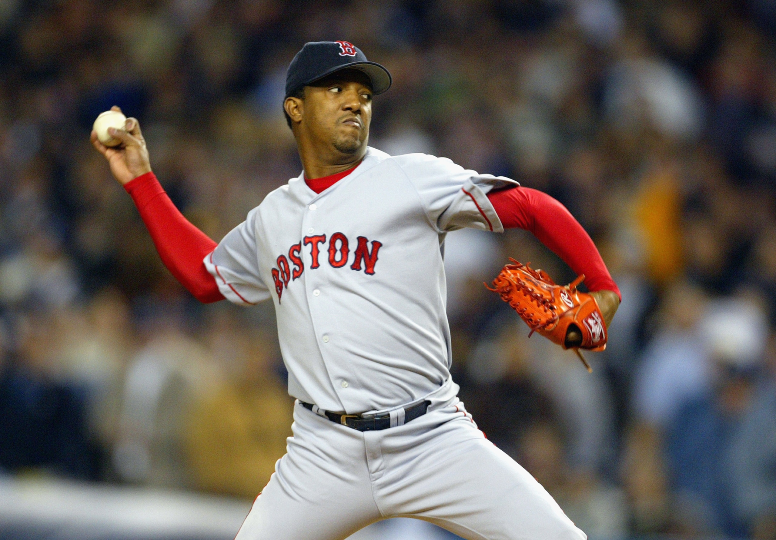 BRONX, NY - OCTOBER 16:  Starting pitcher Pedro Martinez #45 of the Boston Red Sox pitches during game 7 of the American League Championship Series against the New York Yankees on October 16, 2003 at Yankee Stadium in the Bronx, New York. The Yankees won