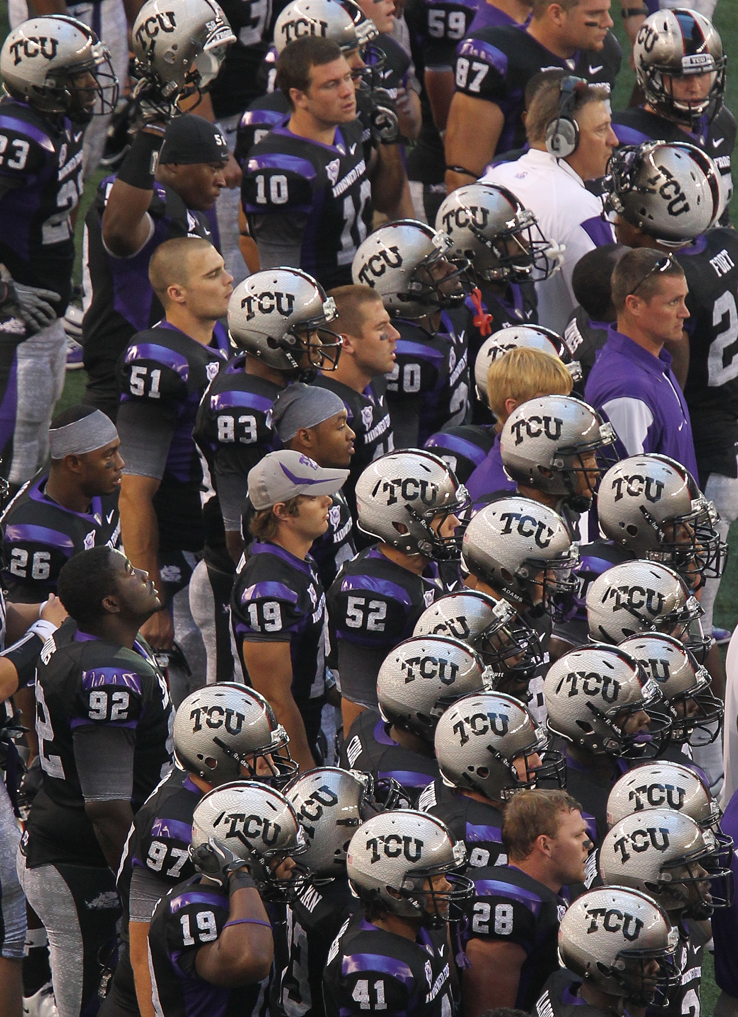 ARLINGTON, TX - SEPTEMBER 04: The TCU Horned Frogs bench during play against the Oregon State Beavers at Cowboys Stadium on September 4, 2010 in Arlington, Texas. (Photo by Ronald Martinez/Getty Images) ARLINGTON, TX - SEPTEMBER 04: The TCU Horned Frogs bench during play against the Oregon State Beavers at Cowboys Stadium on September 4, 2010 in Arlington, Texas. (Photo by Ronald Martinez/Getty Images)