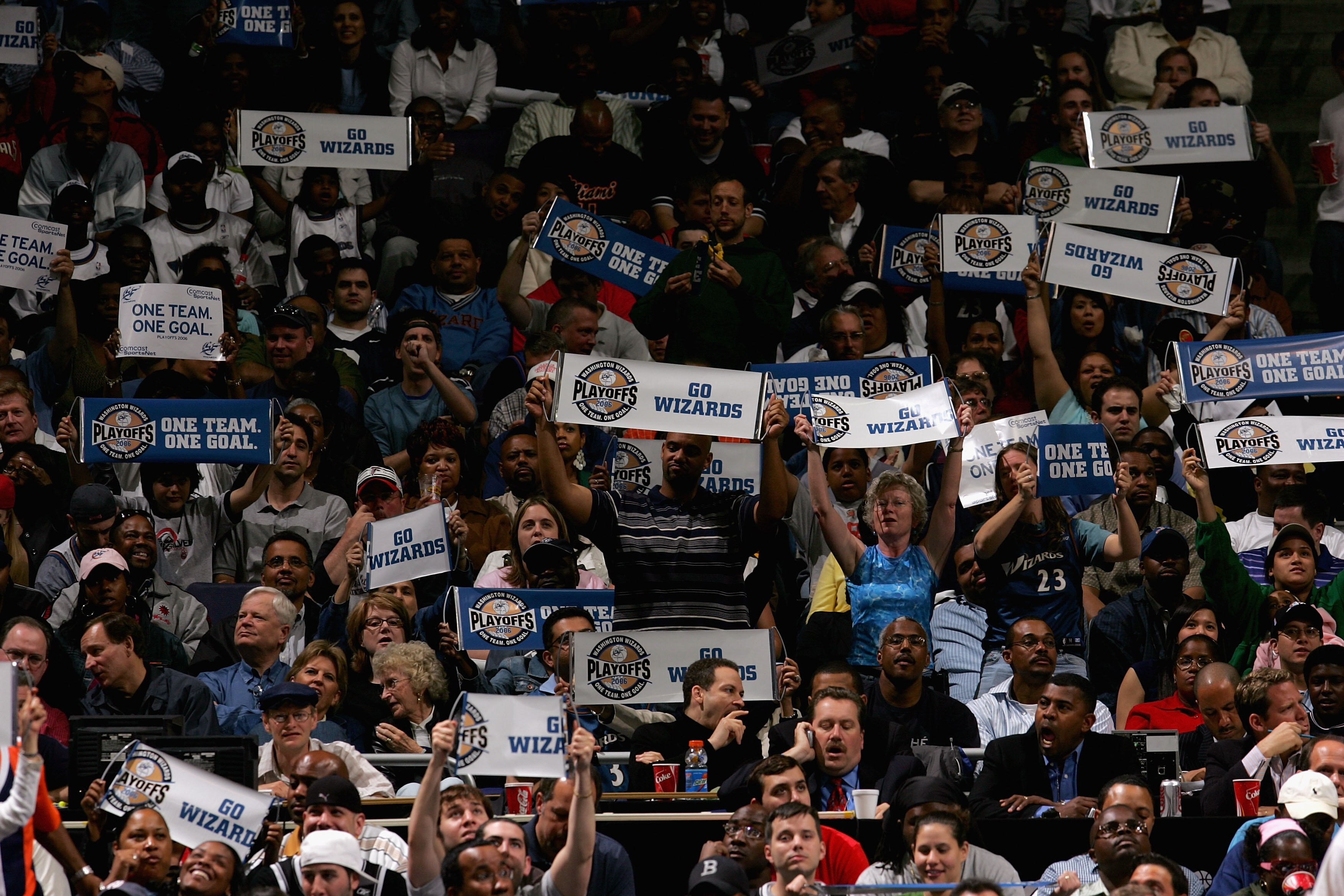 WASHINGTON - APRIL 30:  Fans hold up signs during the matchup between the Cleveland Cavaliers and the Washington Wizards in game four of the Eastern Conference Quarterfinals during the 2006 NBA Playoffs at MCI Center on April 30, 2006 in Washington, D.C.