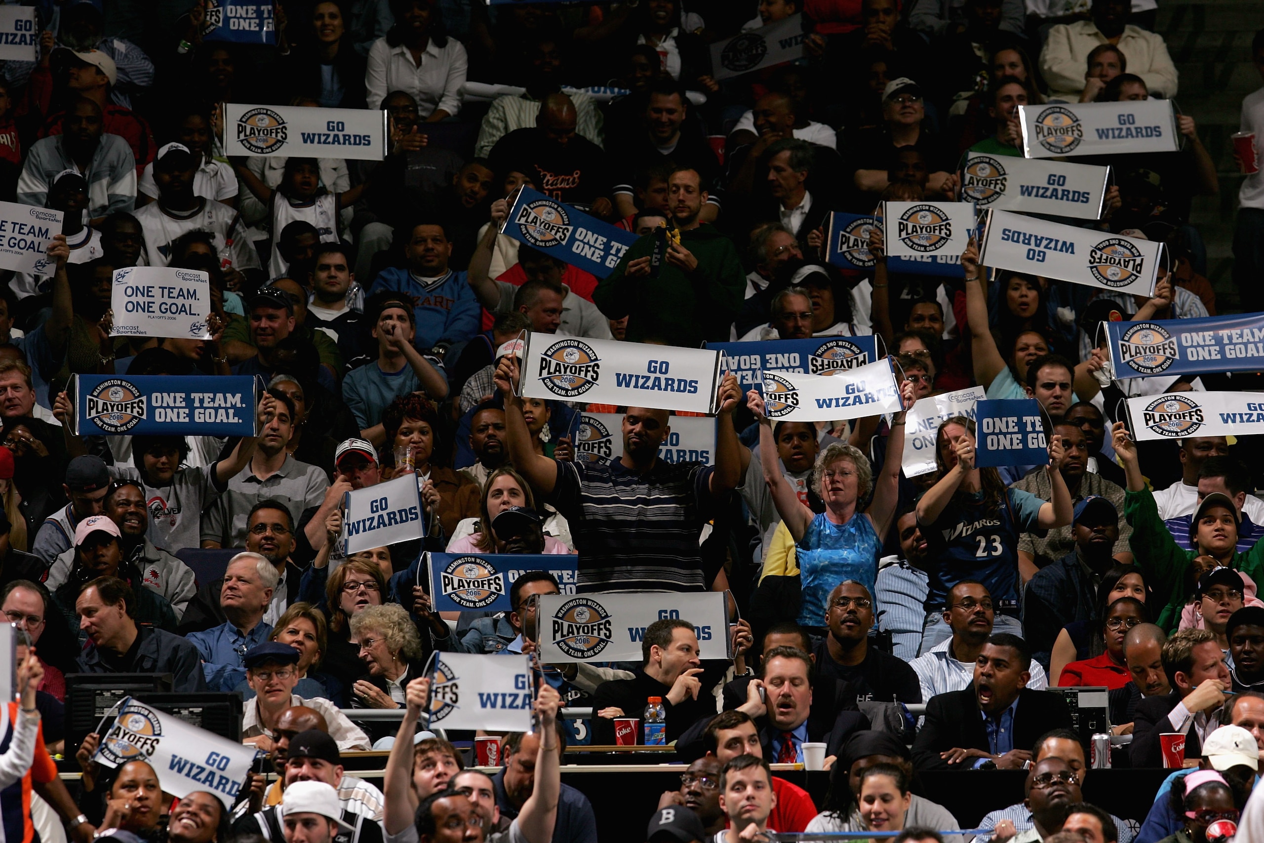 WASHINGTON - APRIL 30:  Fans hold up signs during the matchup between the Cleveland Cavaliers and the Washington Wizards in game four of the Eastern Conference Quarterfinals during the 2006 NBA Playoffs at MCI Center on April 30, 2006 in Washington, D.C.