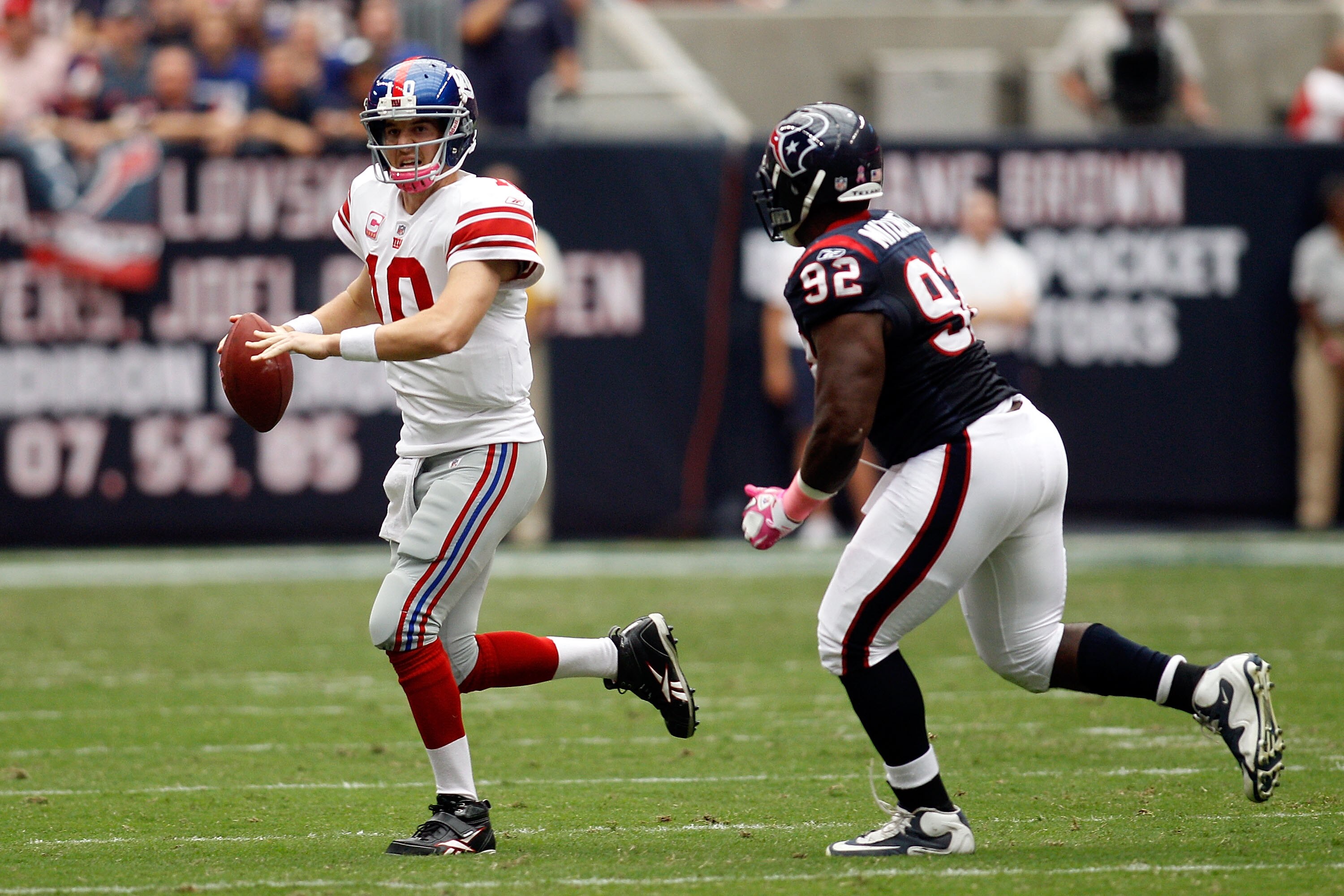 HOUSTON - OCTOBER 10:  Eli Manning #10 of the New York Giants in action during the game against the Houston Texans at Reliant Stadium on October 10, 2010 in Houston, Texas.  (Photo by Chris Graythen/Getty Images)