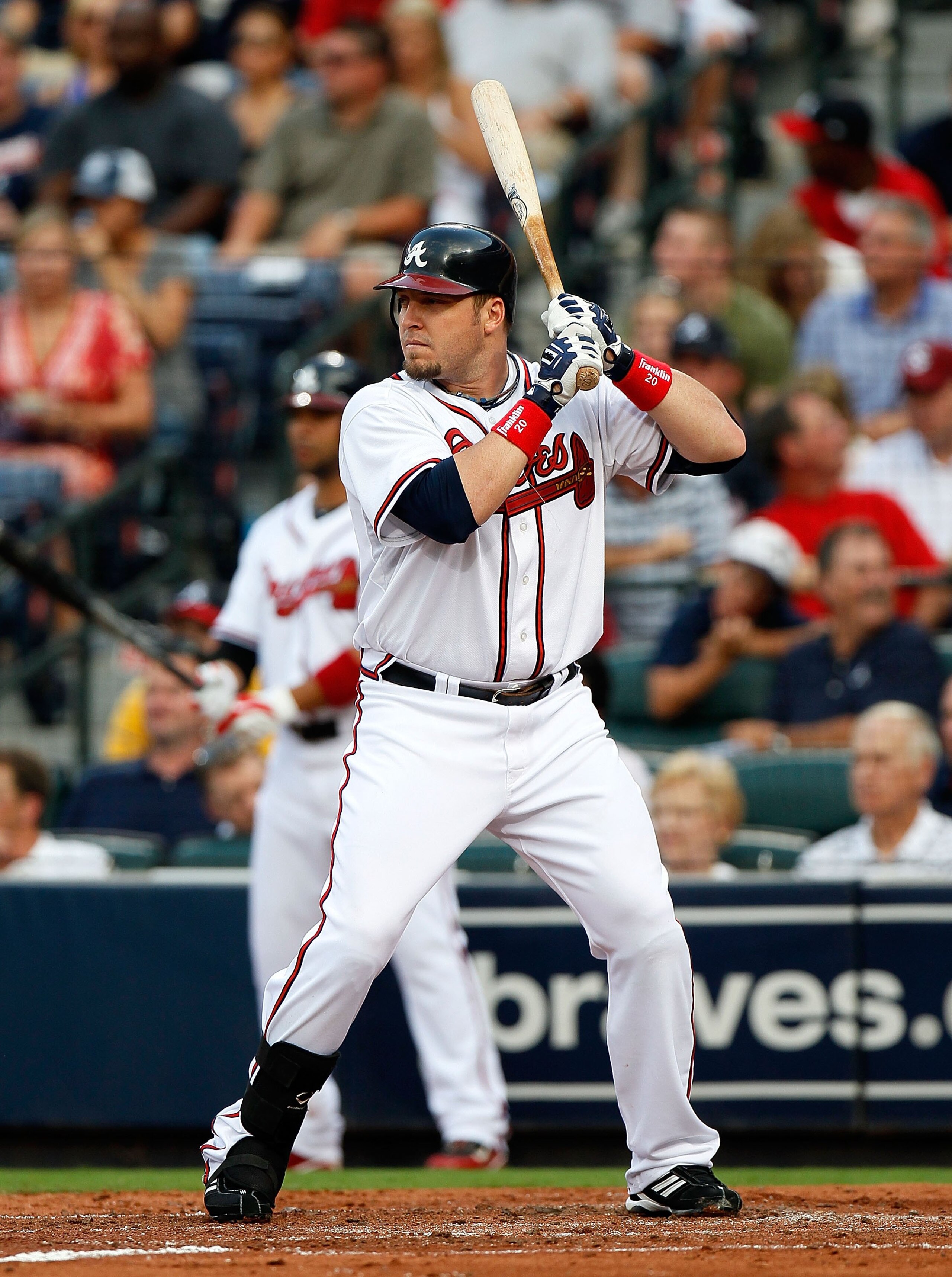 ATLANTA - JULY 15:  Eric Hinske #20 of the Atlanta Braves against the Milwaukee Brewers at Turner Field on July 15, 2010 in Atlanta, Georgia.  (Photo by Kevin C. Cox/Getty Images)