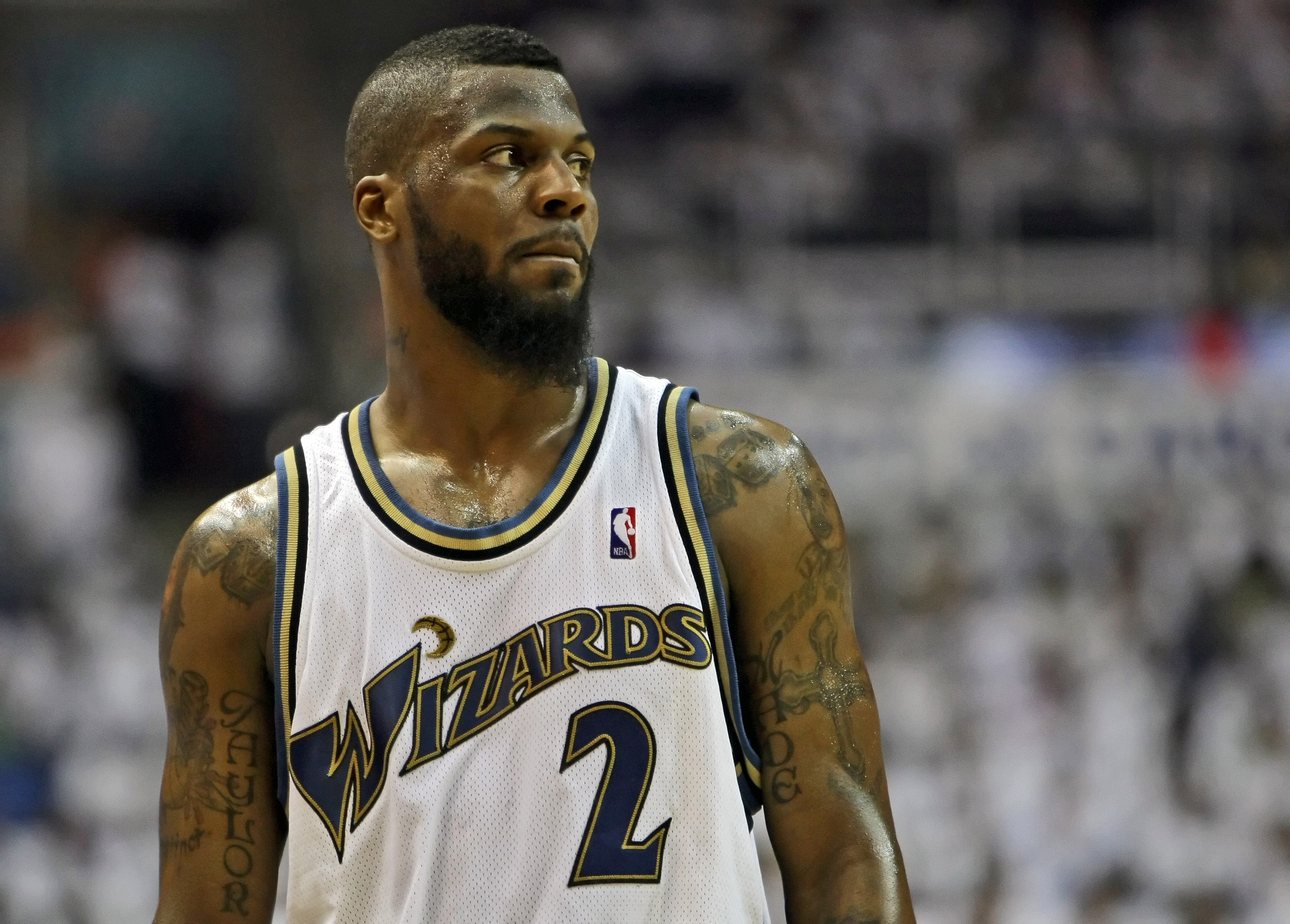 WASHINGTON - MAY 2: DeShawn Stevenson #2 of the Washington Wizards looks towards the sideline during the game against the Cleveland Cavaliers in Game Six of the Eastern Conference Quarterfinals during the 2008 NBA Playoffs at the Verizon Center on May 2,