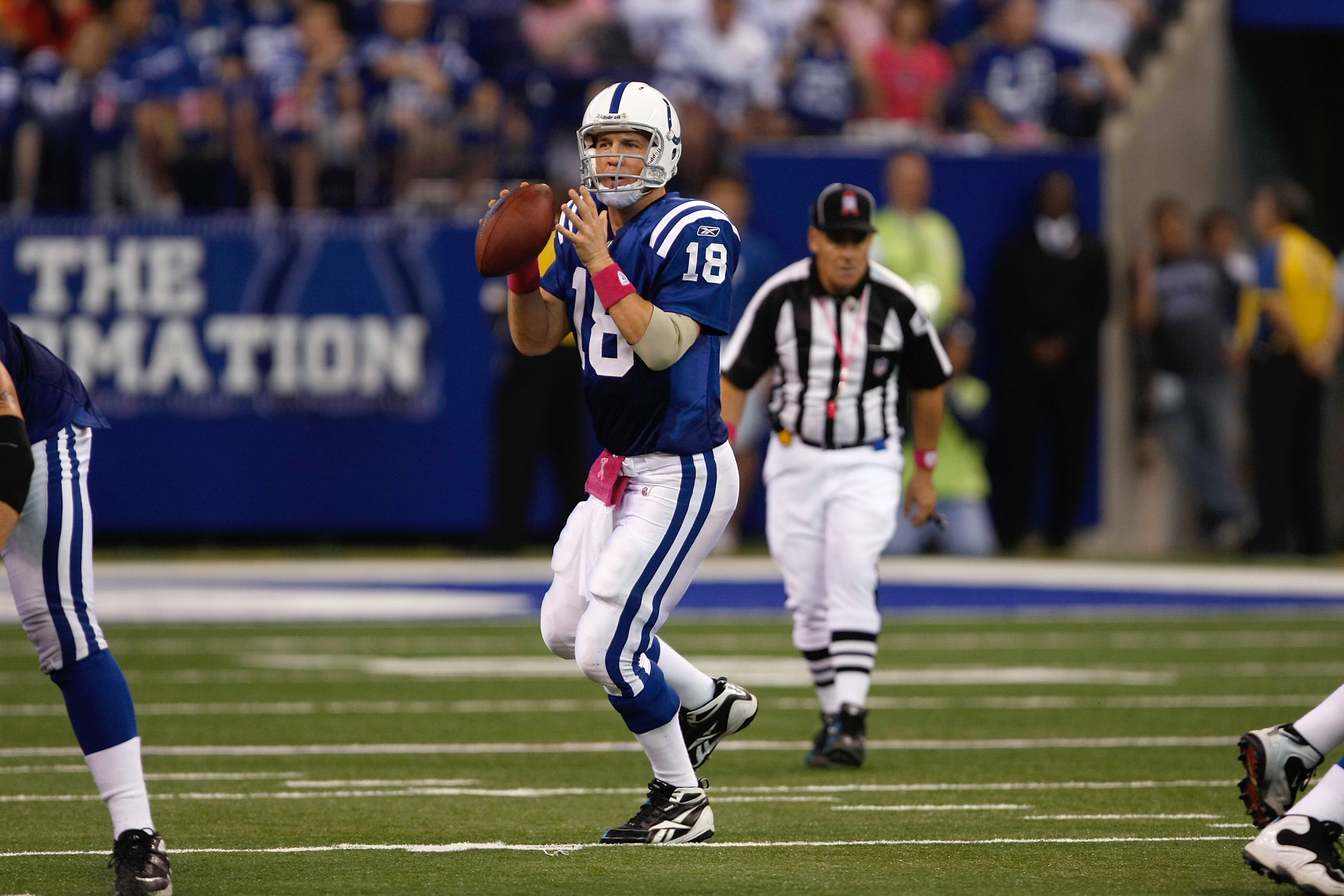 INDIANAPOLIS, IN - OCTOBER 10: Peyton Manning #18 of the Indianapolis Colts drops back to pass against the Kansas City Chiefs at Lucas Oil Stadium on October 10, 2010 in Indianapolis, Indiana. The Colts defeated the Chiefs 19-9. (Photo by Scott Boehm/Gett