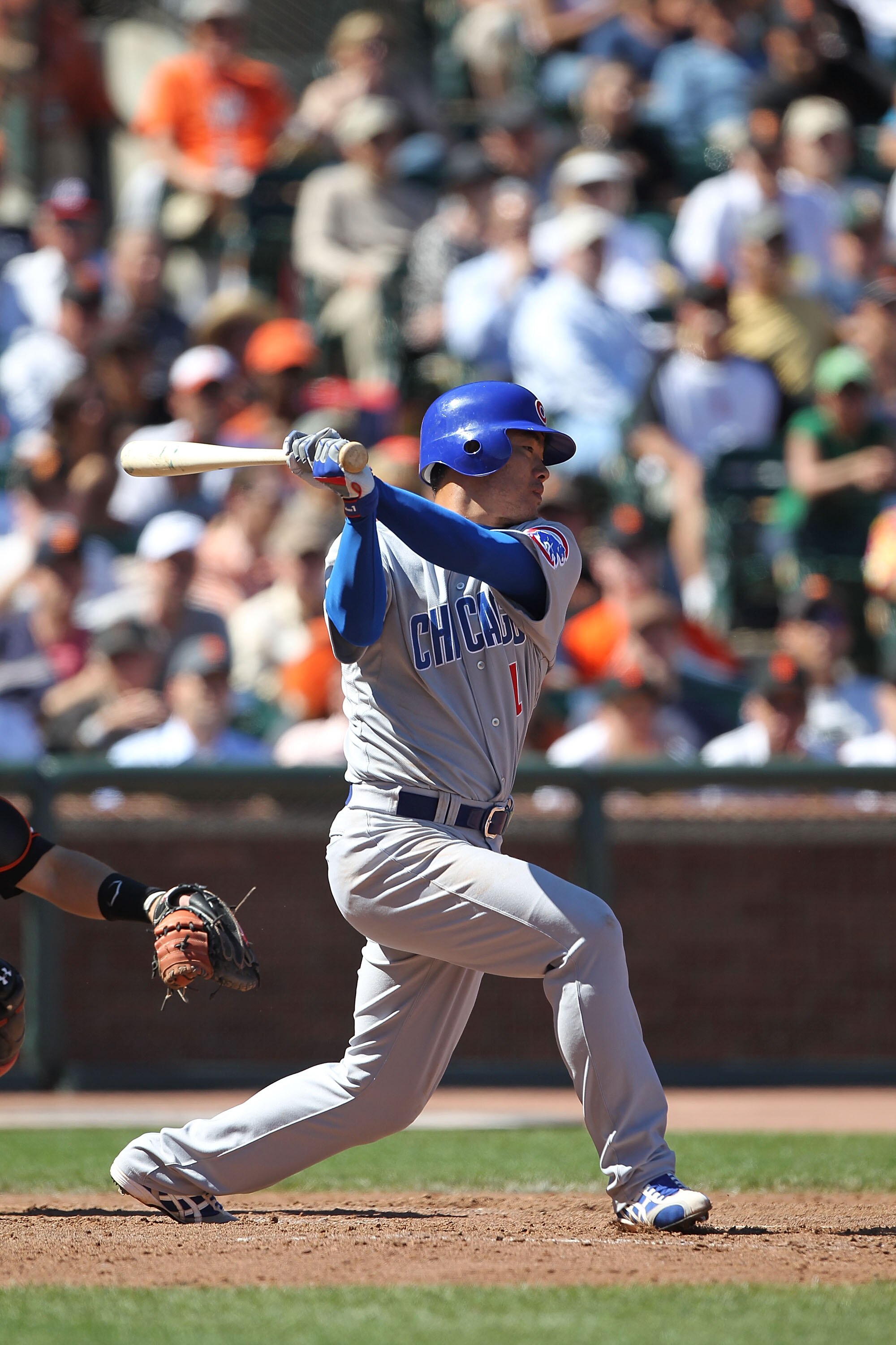 SAN FRANCISCO - AUGUST 12:  Kosuke Fukudome #1 of the Chicago Cubs bats against the San Francisco Giants during an MLB game at AT&T Park on August 12, 2010 in San Francisco, California.  (Photo by Jed Jacobsohn/Getty Images)