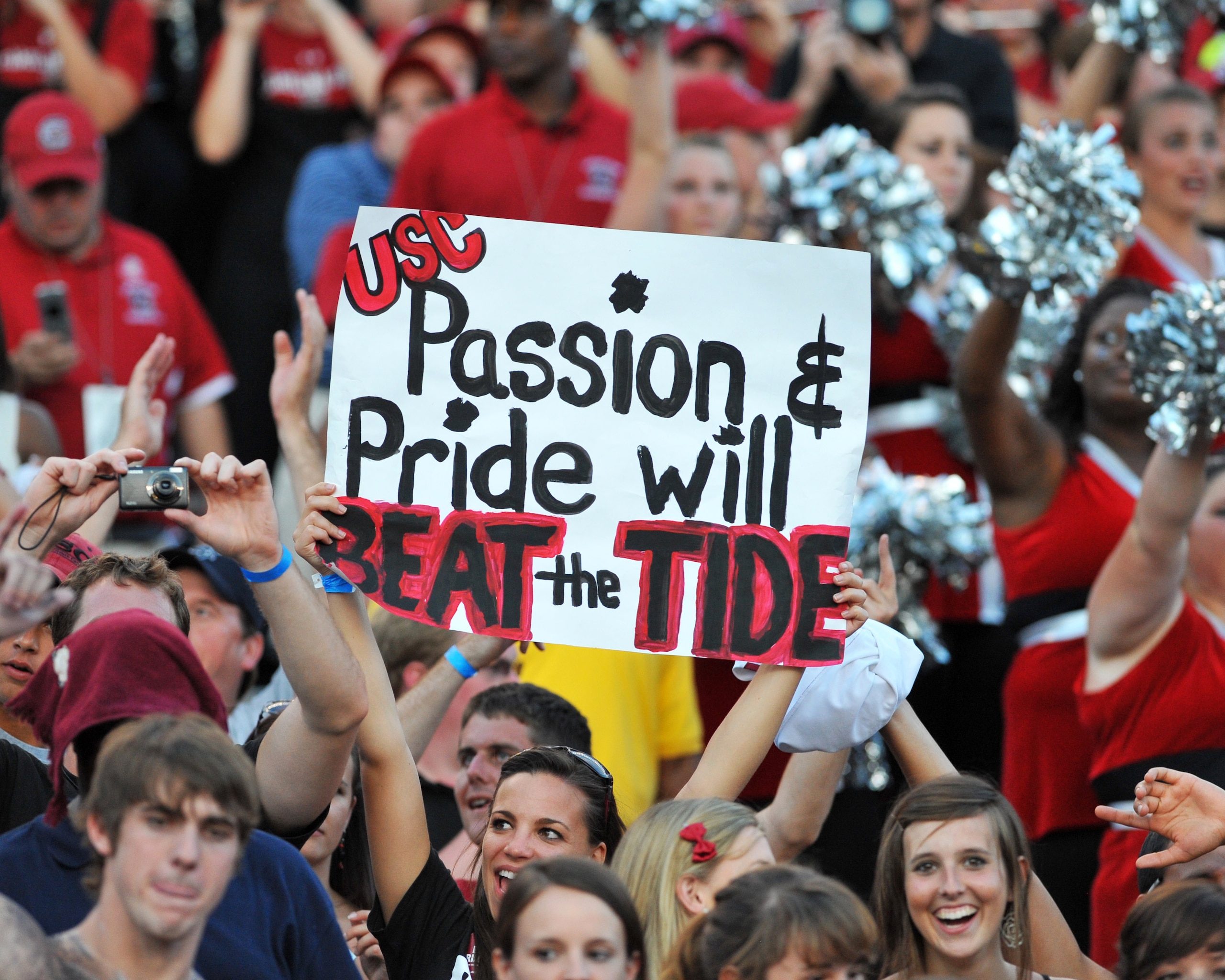COLUMBIA, SC - OCTOBER 9: Fans of the South Carolina Gamecocks cheer a victory against the Alabama Crimson Tide October 9, 2010 at Williams-Brice Stadium in Columbia, South Carolina.  (Photo by Al Messerschmidt/Getty Images)