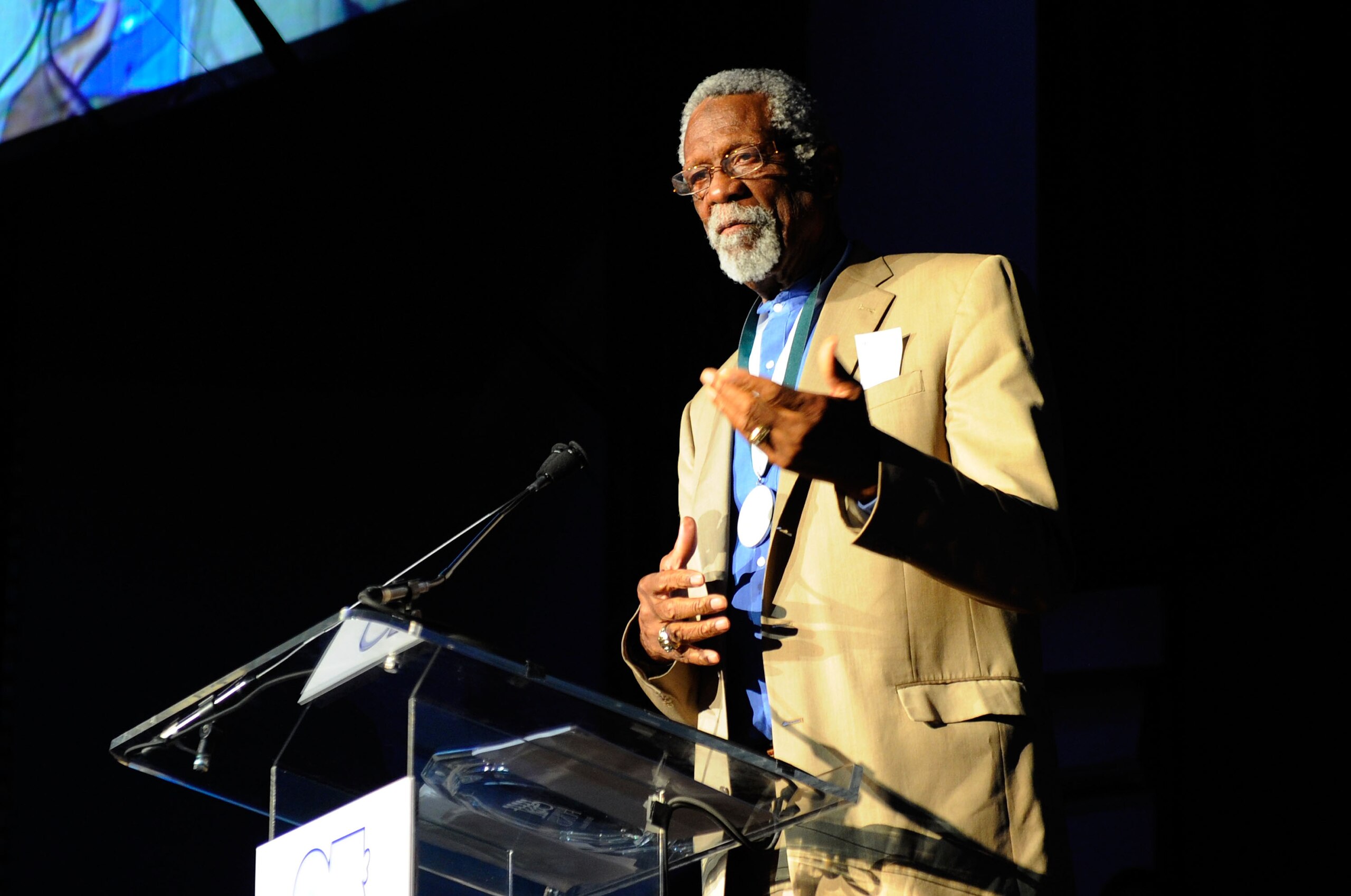 NEW YORK - SEPTEMBER 27:  2010 Honoree and former NBA player Bill Russell speaks during the 25th Great Sports Legends Dinner to benefit The Buoniconti Fund to Cure Paralysis at The Waldorf=Astoria on September 27, 2010 in New York City.  (Photo by Andrew 