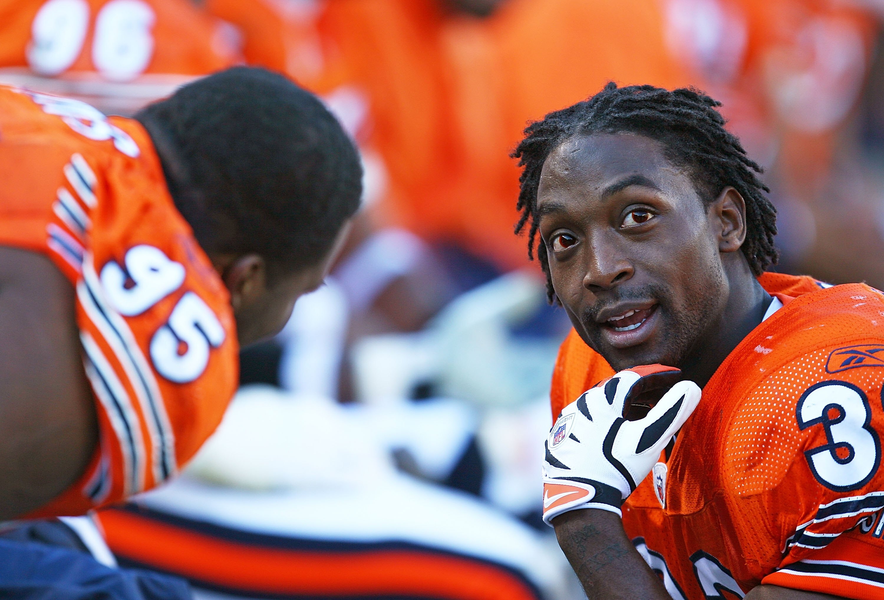 CHICAGO - NOVEMBER 01: Charles Tillman #33 of the Chicago Bears jokes with Anthony Adams #95 on the bench at Soldier Field on November 1, 2009 in Chicago, Illinois. The Bears defeated the Browns 30-6. (Photo by Jonathan Daniel/Getty Images)